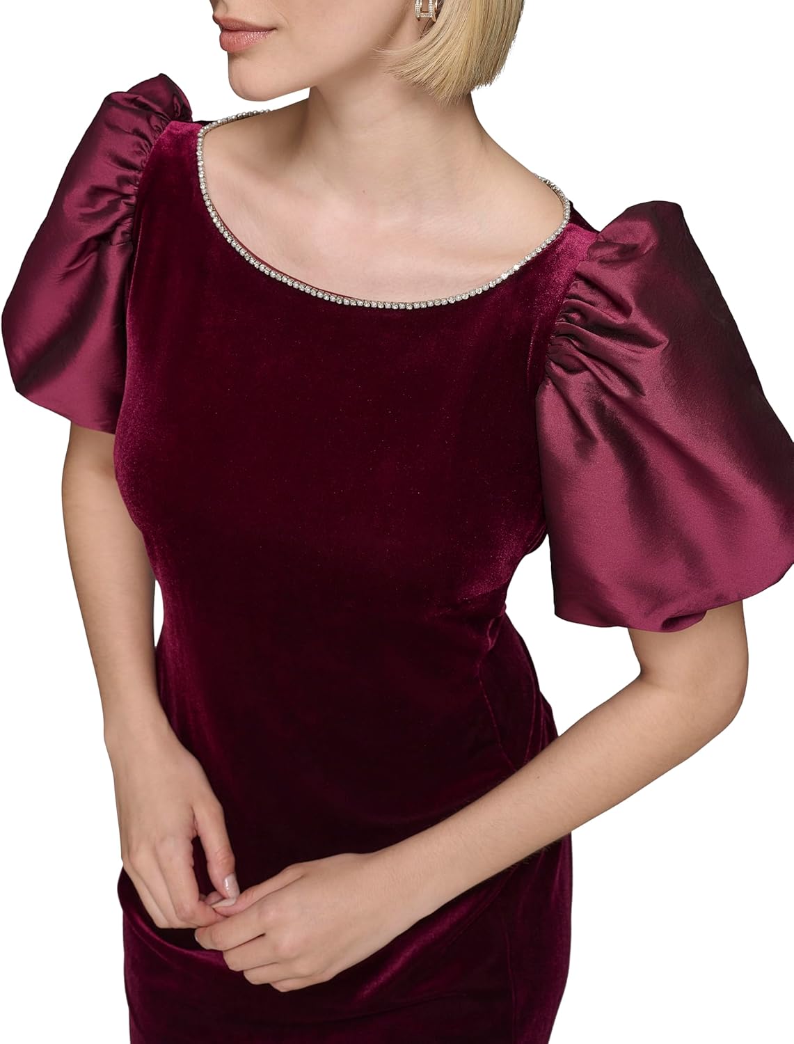 Karl Lagerfeld Womens Round Neck Taffeta Puff Sleeve Stretch Velvet Body Sheath Dress - Image 5