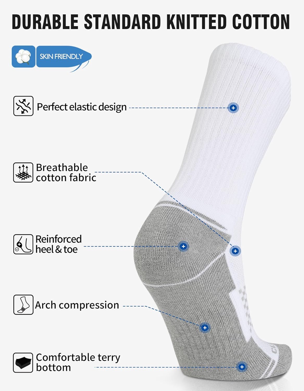 CLOSEMATE Mens Moisture-Wicking Athletic Cushioned Crew Socks 6 Pairs Cotton Comfy Running Training Sports - Image 3