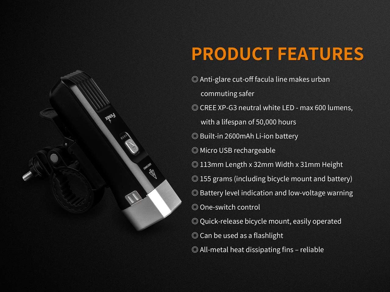 Fenix BC25R 600 Lumen Cree LED USB Rechargeable Light Weight Pedestrian Friendly Bike Bicycle Light with EdisonBright BBX3 Charging Cable Carry case