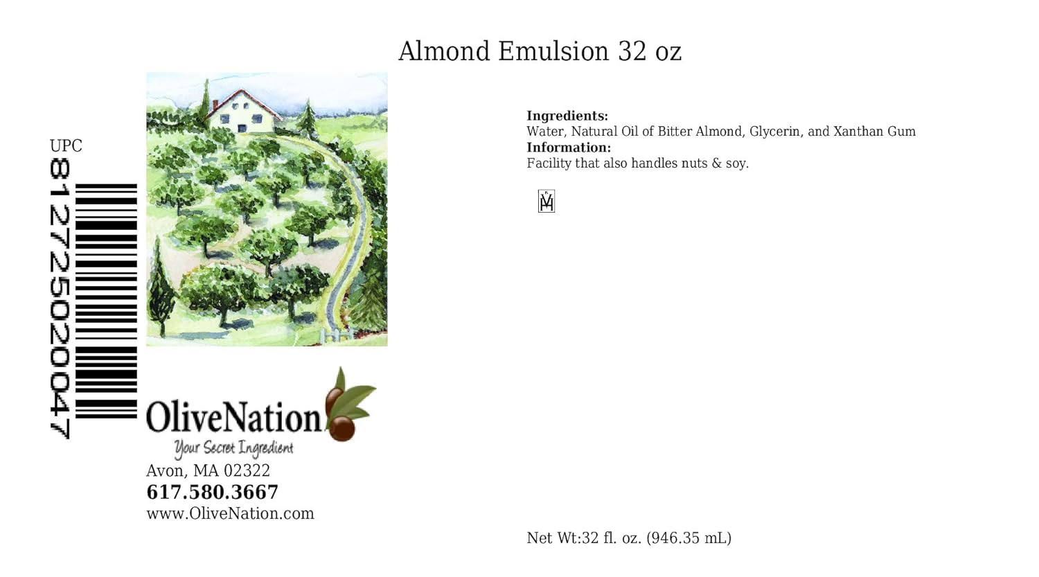 OliveNation Almond Flavor Baking Emulsion, Water Soluble, Kosher, Gluten Free, Vegan, PG-Free - 32 ounces