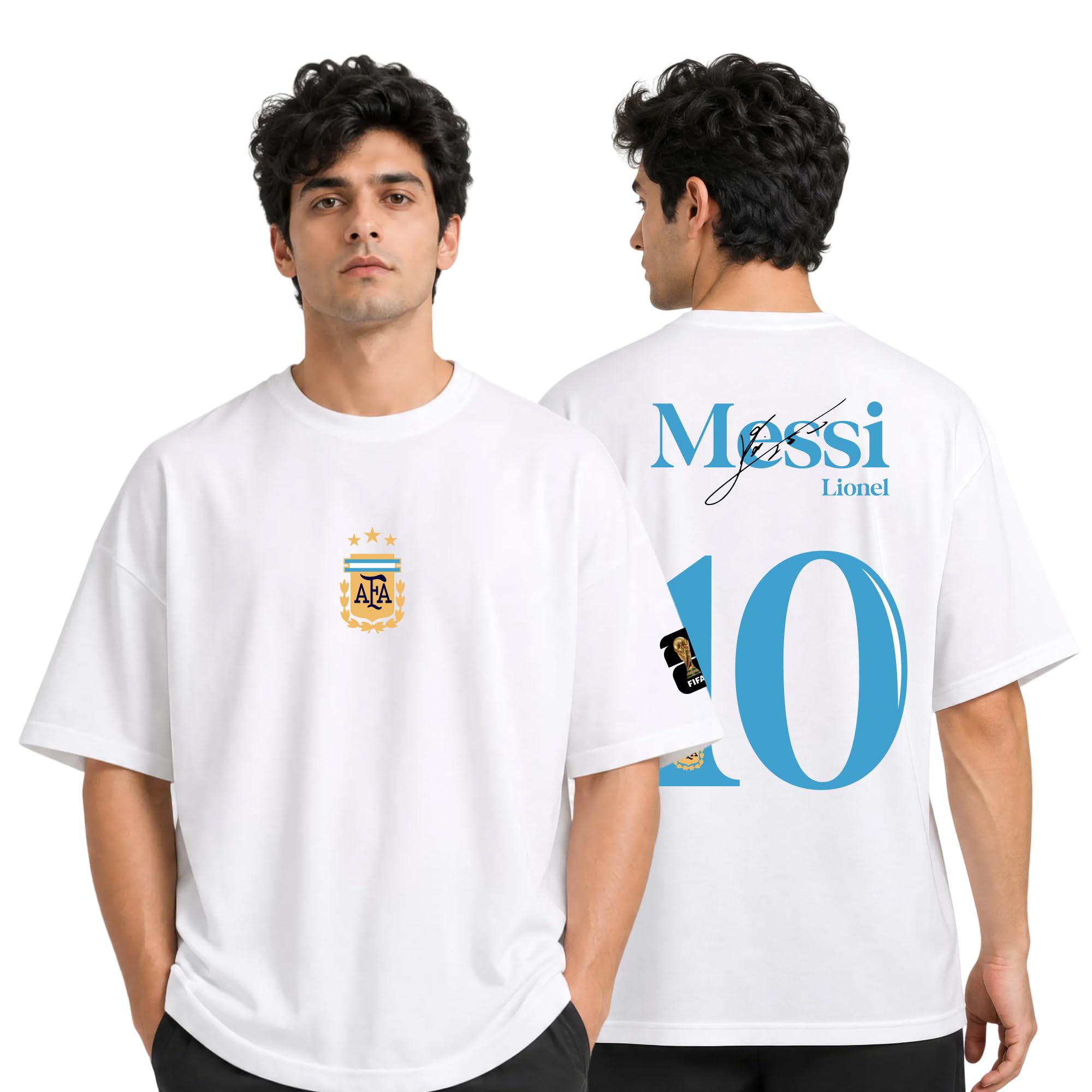 DUDEME Football T Shirt for Men & Boys | Graphic Printed Signatured Messi Tshirt Casual Round Neck Oversized Tee | 100% Cotton-image-22