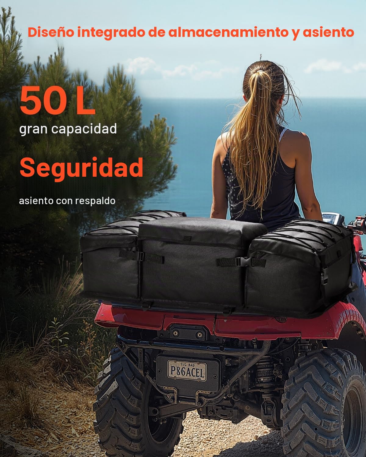 VEVOR Bolsa de Almacenamiento Trasera para ATV, 50 L con Cojín de Asiento de Esponja y Soporte para Botella, de Tela Oxford 600D, Compatible con ATV, UTV, Vehículo Can-Am, 920 x 480 x 270 mm