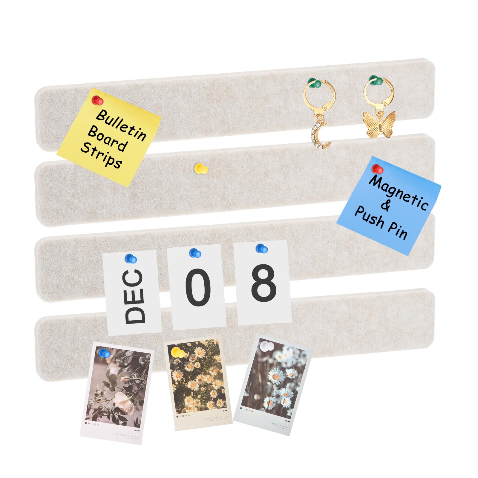 sourcing map 4Pcs Bulletin Board, Felt Pin Board Bar Strips Bulletin Board, Self-Adhesive Memo Notice Pin Cork Board with Pushpins for Paste Notes, Photos, Schedules, Beige