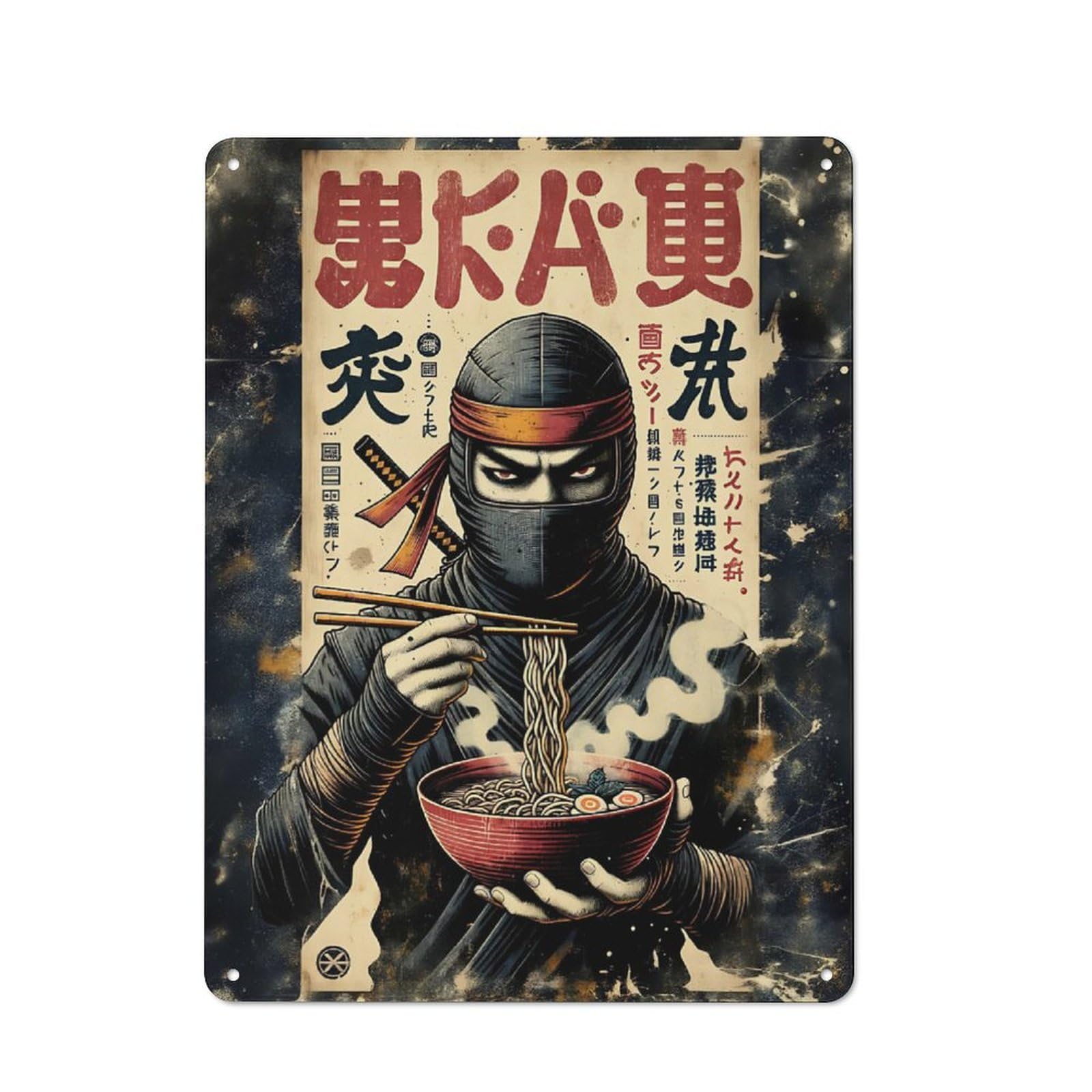 Junmoney Ninja Eating Ramen Japanese Art Rustic Metal Wall Sign 40X30cm For Café Or Restaurant, Gift Idea At Christmas For Café Owners And Decorators