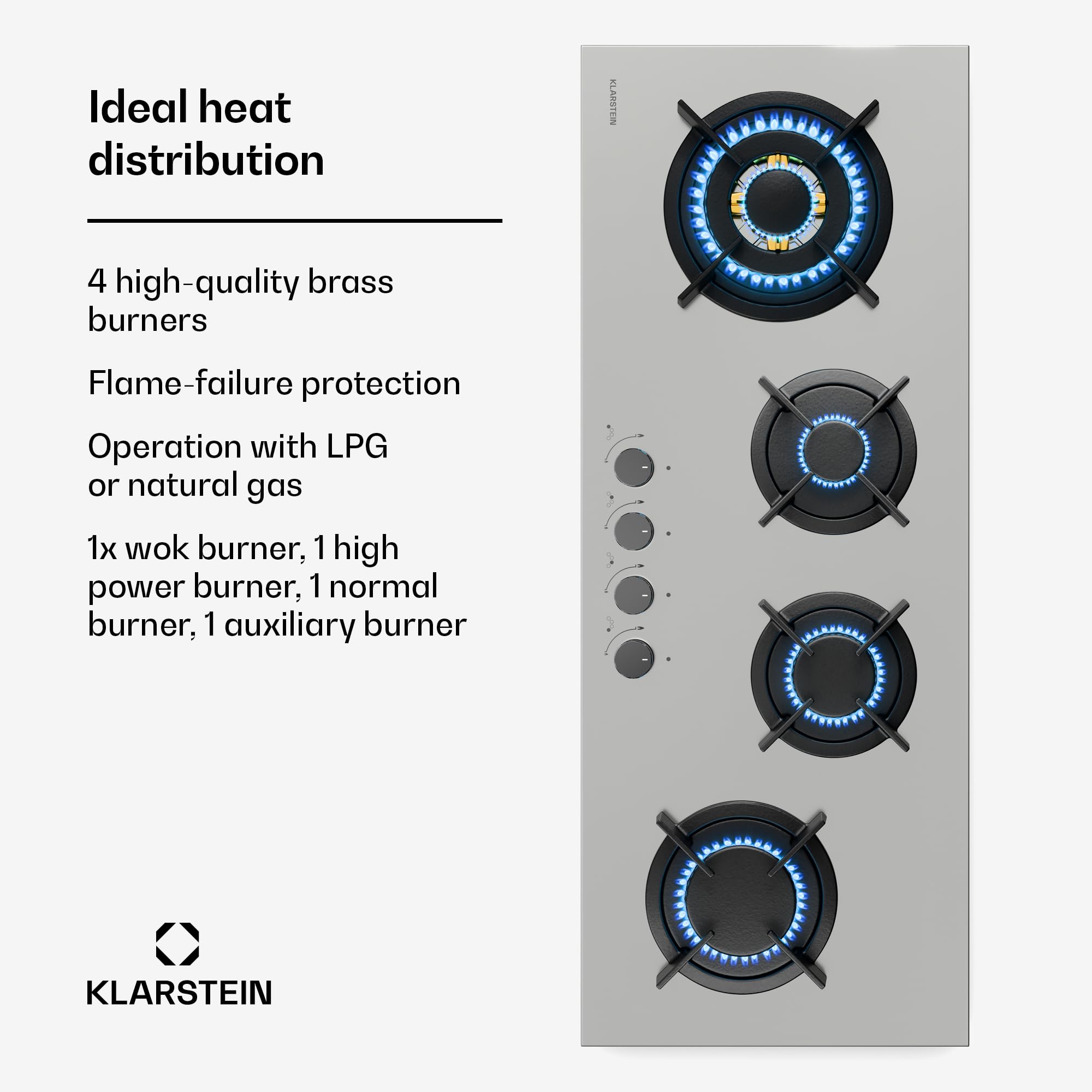Klarstein Goldflame 4 Slim Płyta gazowa, 4 palniki mosiężne, 3,4kW, 2,4kW, 1,8kW, 1kW, Zapłon SnapJet, Zabezpieczenie przeciwwypływowe, Kuchenka z żeliwnymi krzyżakami, Stal, W zestawie wąż i reduktor
