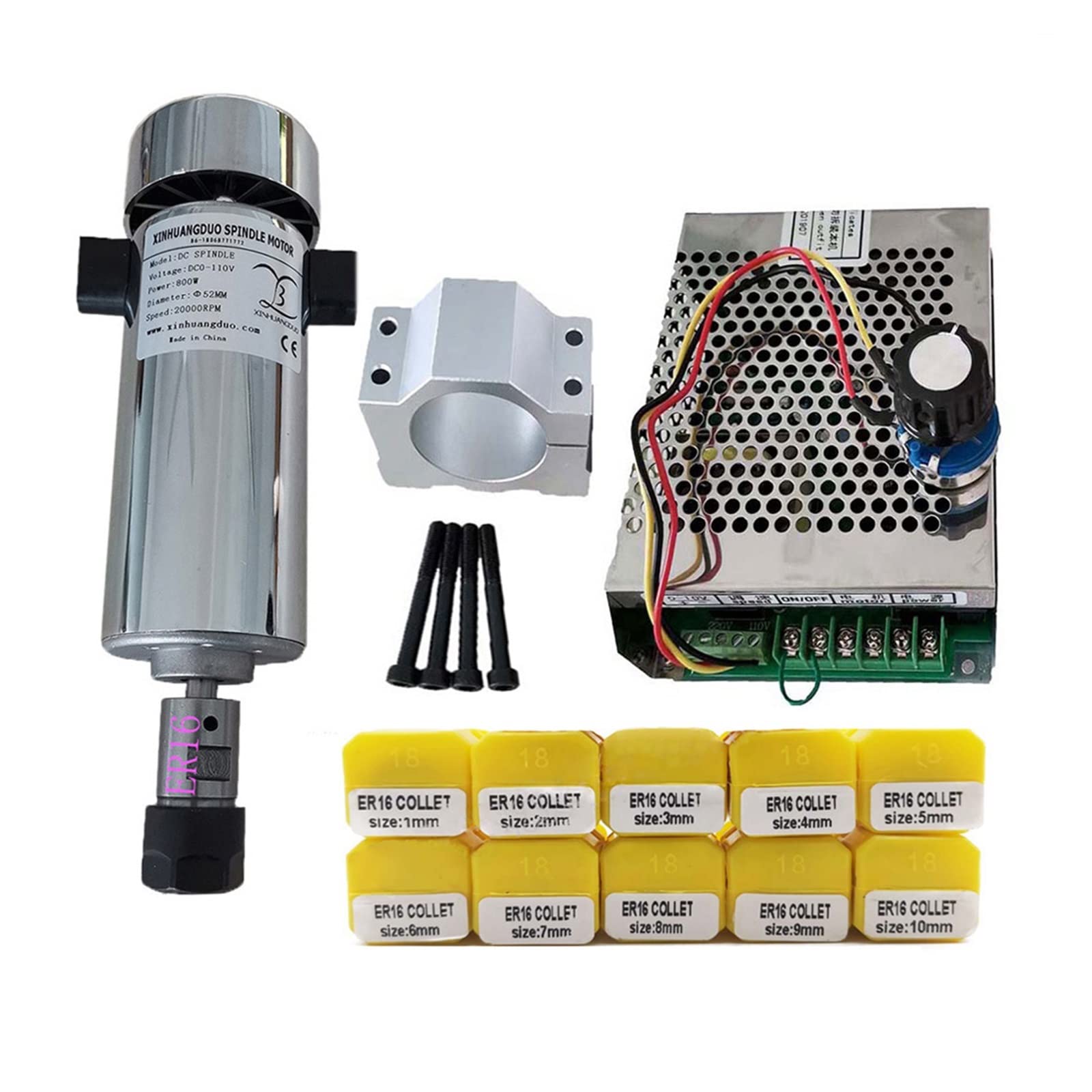 Lloopk Package 6 Er16 Cnc Spindle, Air Cooled 0.8Kw 20000Rpm Cnc Spindlemotor Kit Er16/ Chuck 800W Spindle Motor + Power Supply Speed Governor For Engraving(Package 6 Er16)