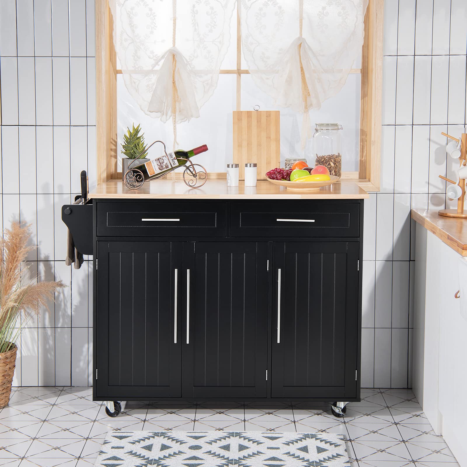 GYMAX Credenza Mobile su Ruote, Carrello Cucina a 3 Ante con Maniglia, Ripiano Ragolabile in Altezza, 2 Cassetti, 6 Cubi Portaoggetti, Portasciugamani, 122x46x92,3 cm, Bianco (Nero)