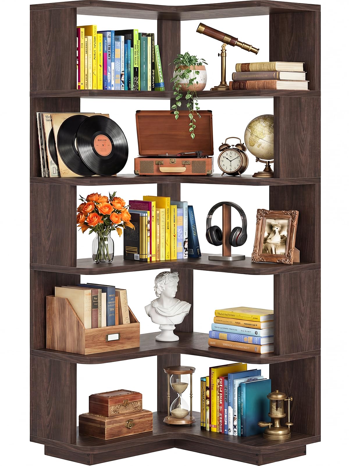 iSunirm 5-Tier Corner Bookshelf, L-Shaped Bookcase, Space-Saving Freestanding Corner Display Shelf Unit for Living Room & Bedroom, 162x60x60cm, Black Walnut