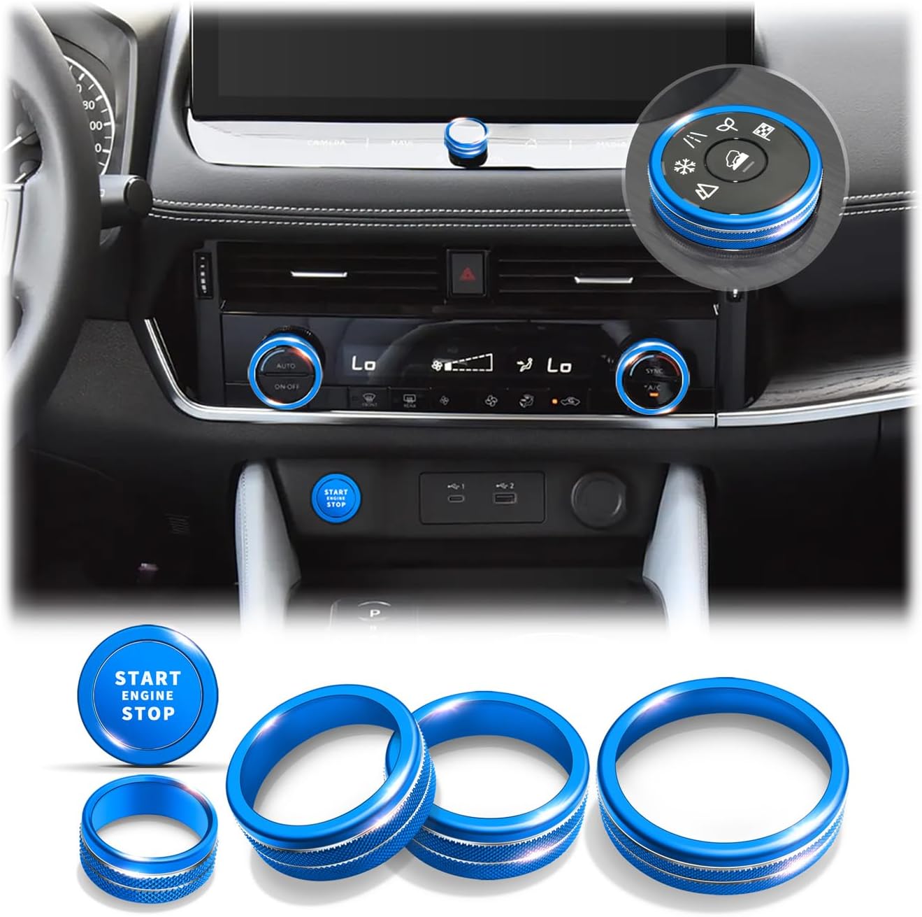 Polodunn for 2026 2025 2024 2023 Nissan Rogue Accessories with 12.3" Screen, 6pcs Aluminum Alloy Trim Set - A/C, Volume Tune & 4WD Knob Cover, Push Start Button Cover/Ring (Blue)