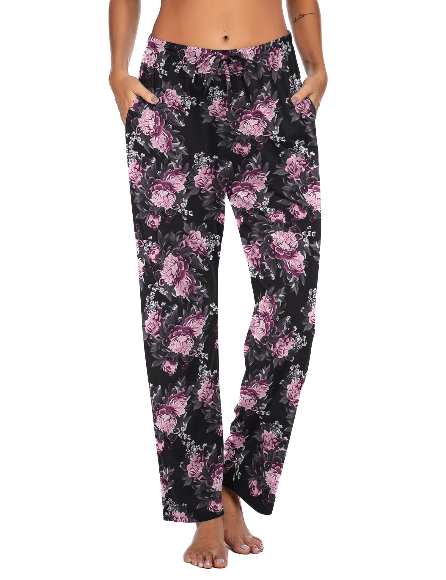 Ekouaer Women Pajama Pants Comfy Pj Bottom with Pockets Stretch Plaid Sleepwear Black Flower XX-Large