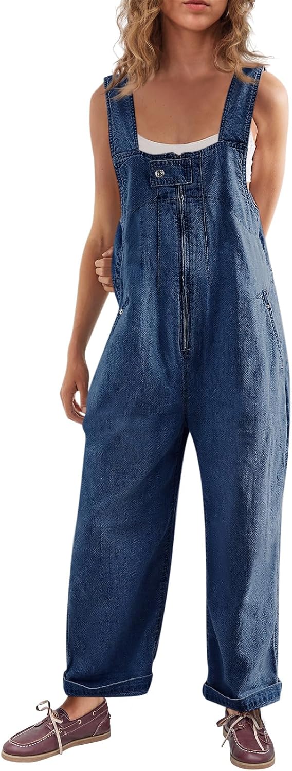 Cicy Bell Womens Casual Denim Bib Overalls Wide Leg Sleeveless Zipper Loose Jean Pants Jumpsuits with Pockets