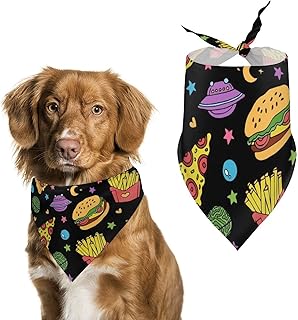 Space Pizza Hamburger and Fries Funny Dog Bandanas Triangle Scarf Cute Pet Bibs Kerchief for Small Medium Large Pets