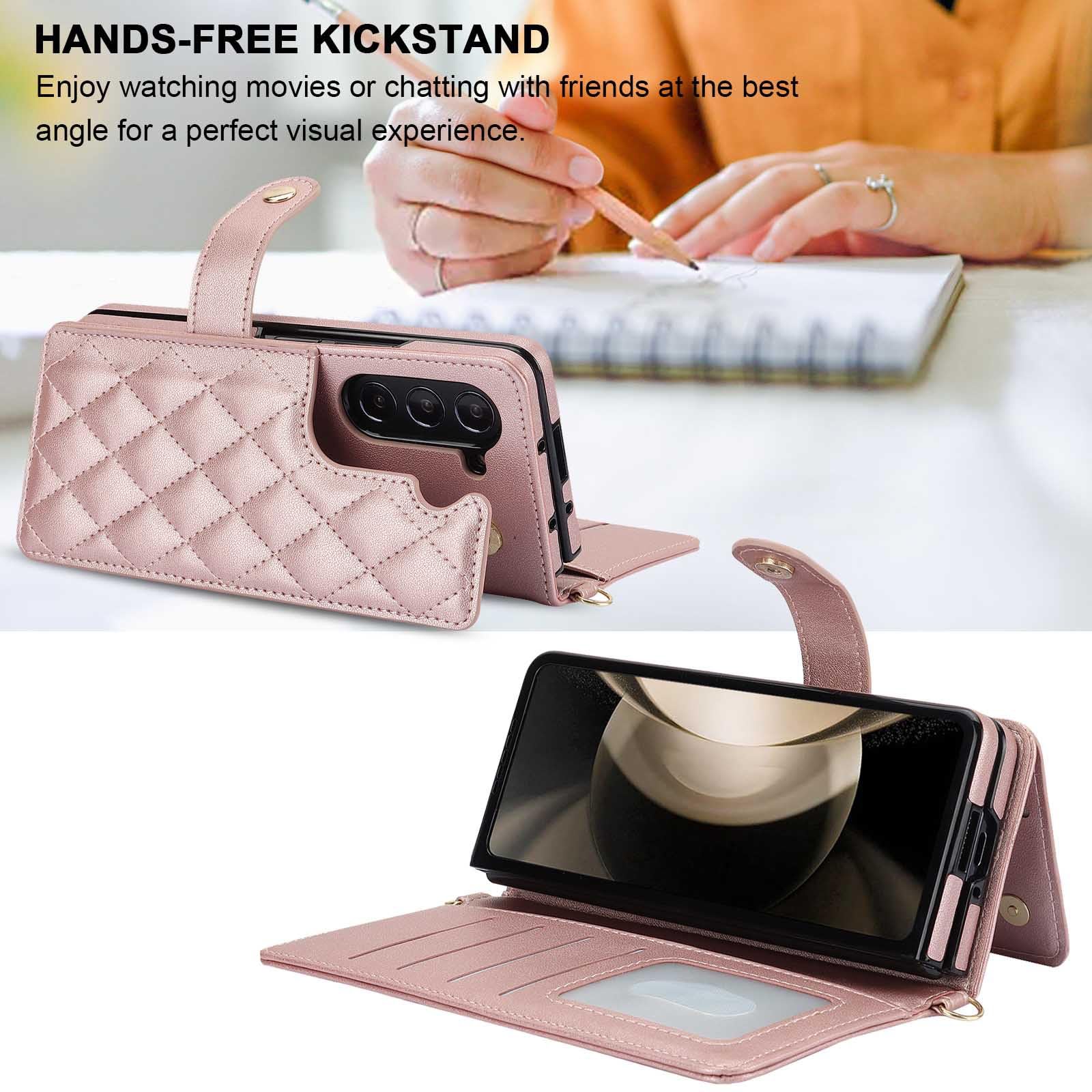 Skórzane etui do Samsunga Galaxy Z Fold 6, dwustronne etui z klapką, wielofunkcyjny modny portfel Etui na telefon komórkowy z 6 miejscami na karty i uchwytem na długopis S-Pen, różowy