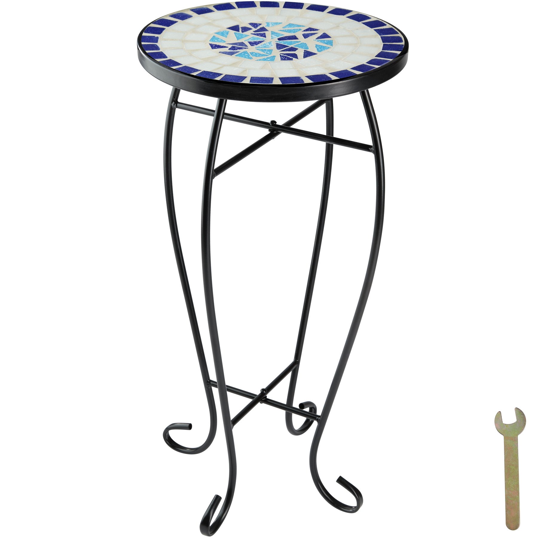 TecTake Floral Stool, Balcony Table with Stone Mosaic (Blue-White)