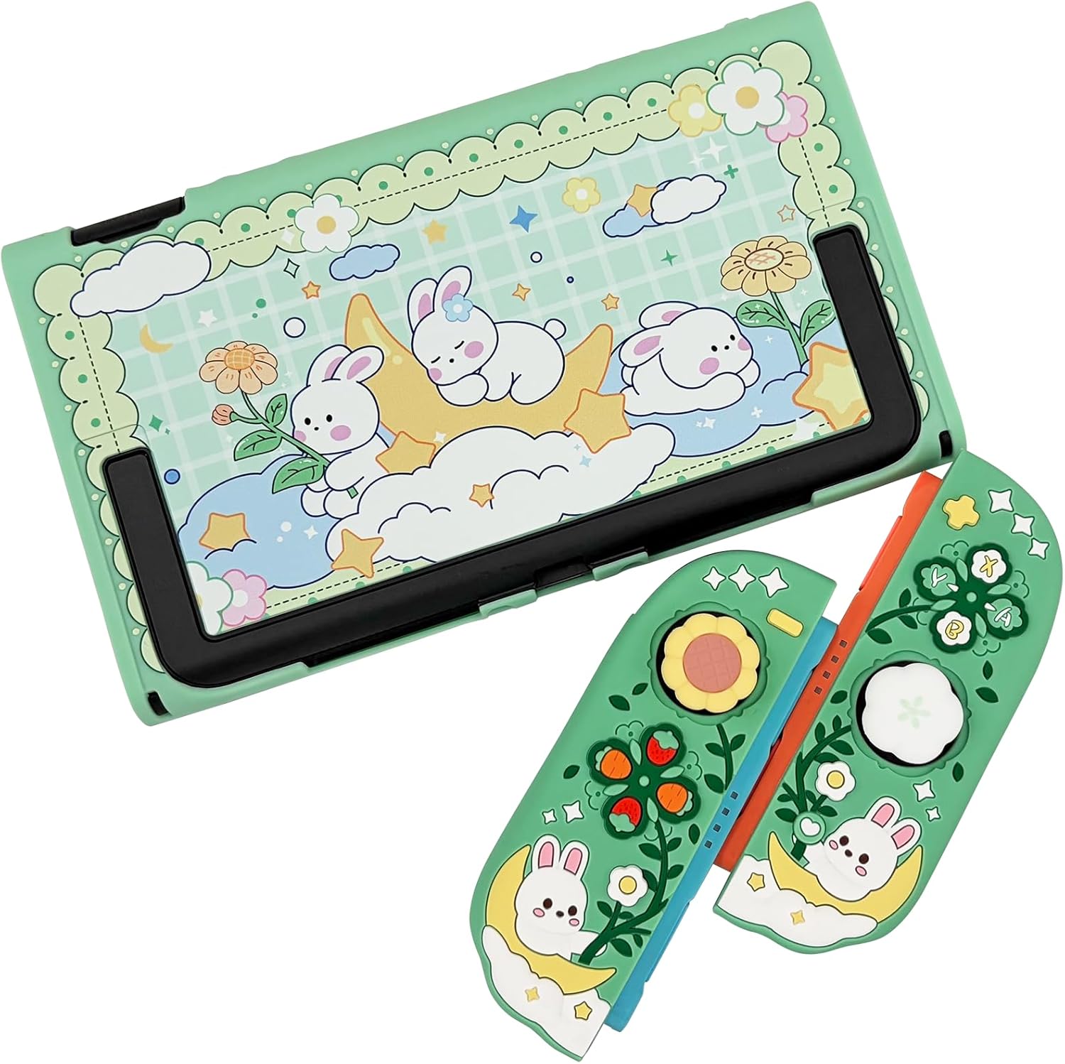 Protective Case for Nintendo Switch 2, Hard Back Shell + 2 Silicone Anti-Slip Controller Covers + 2 Joystick Caps, Rabbit and Flower Cover, Green - Image 5