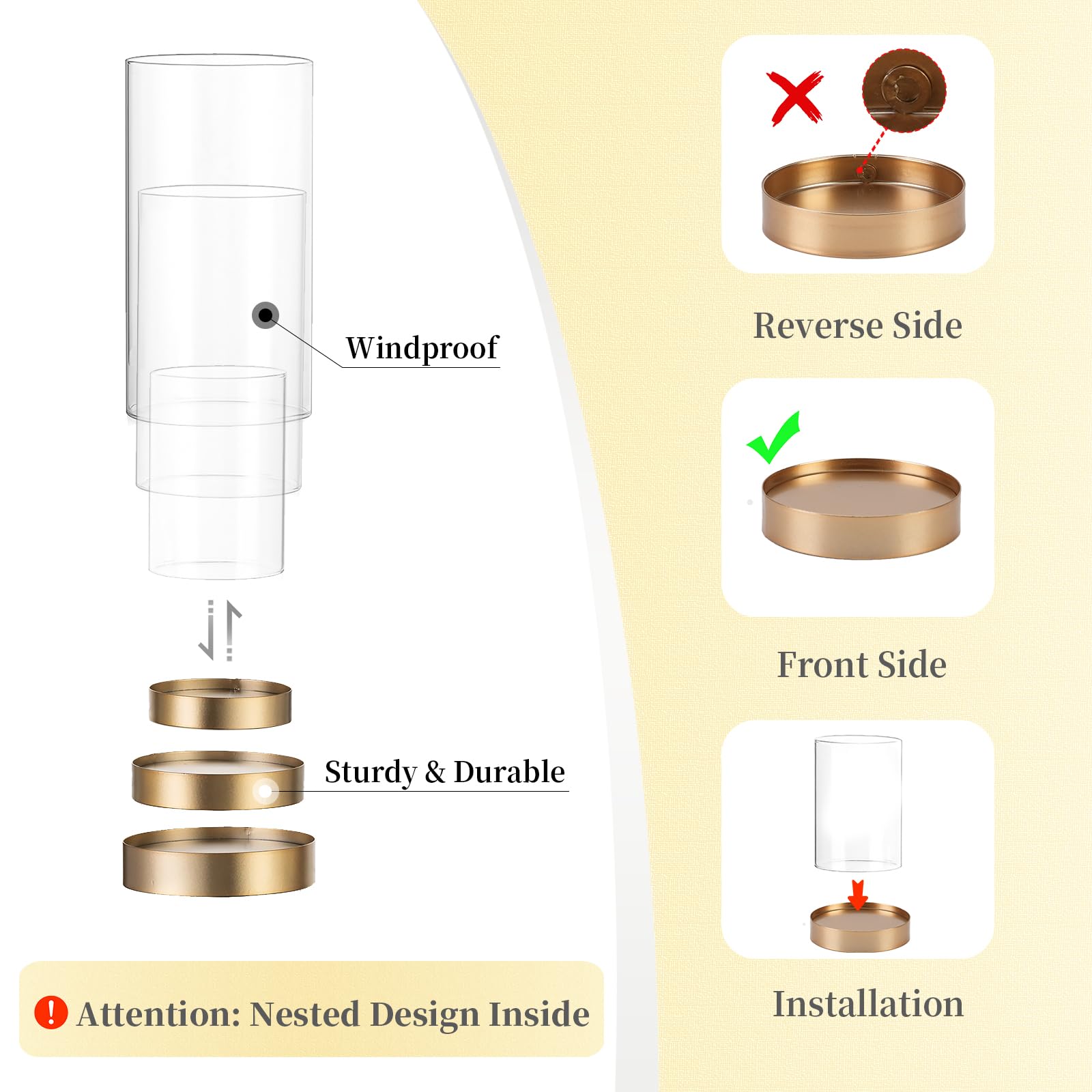 Hewory Hurricane Candle Holder Gold : Lot de 12 photophores en Verre pour Bougies piliers, Lanterne décorative avec Plateau en métal pour Le Salon, la Salle à Manger, la Table Centrale