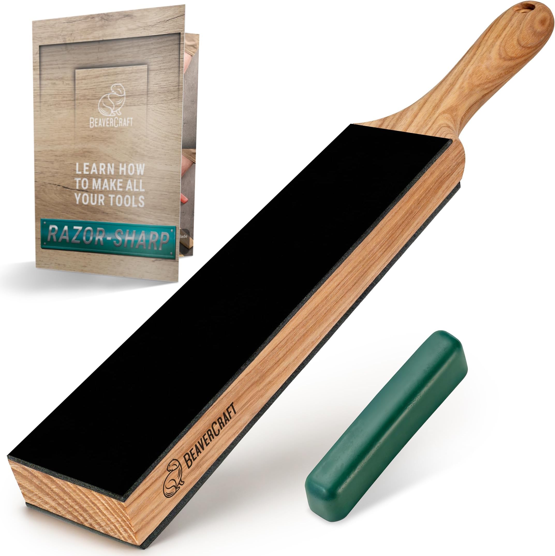 BeaverCraft Leather Strop for Knife Sharpening - Dual-Sided Knife Strop with Stropping Compound Kit - Honing Strop Block 14" for Woodcarving Tools, Chisel Knife Sharpening Kit Leather Sharpener LS6P1