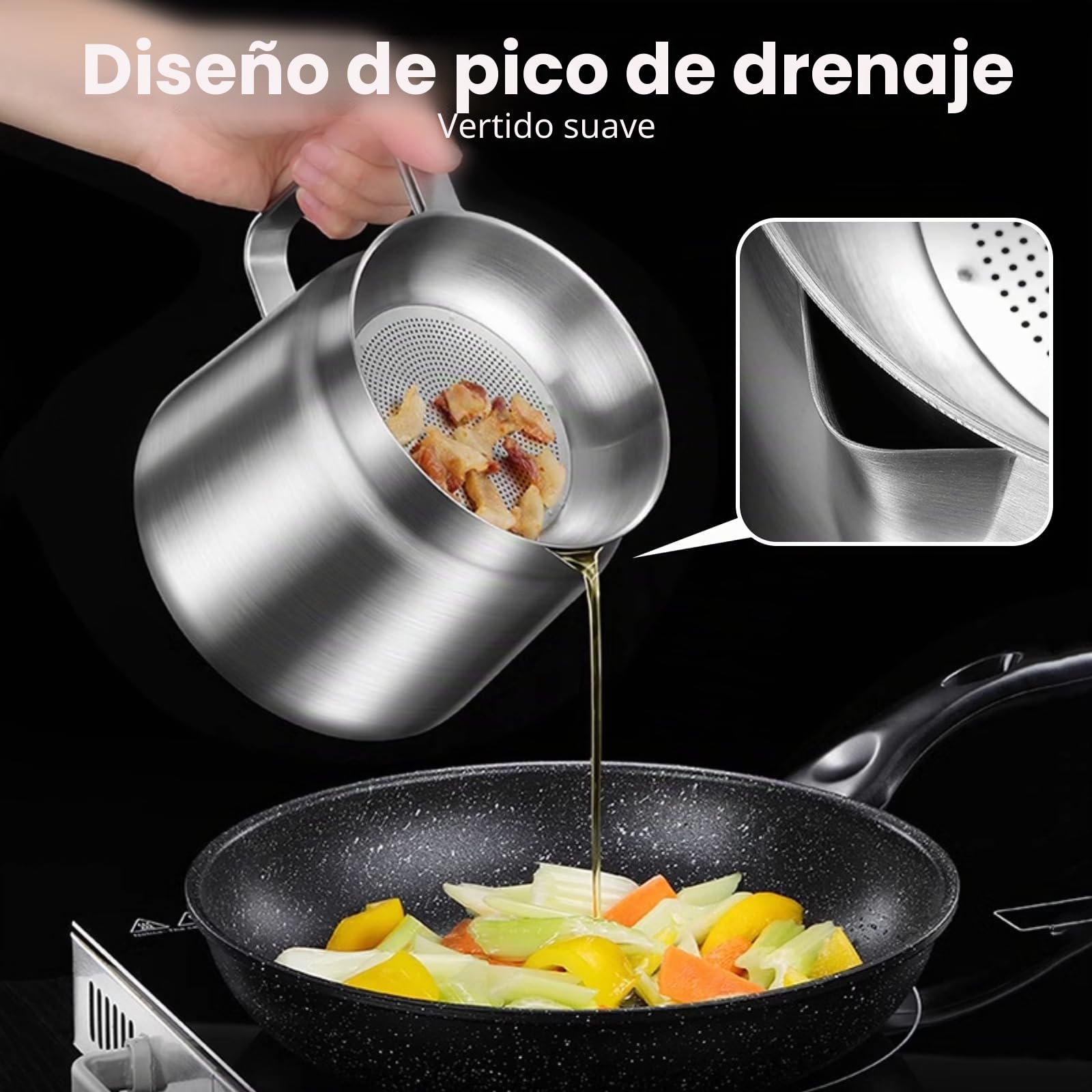 Olla de filtro de aceite de acero inoxidable 304, depósito de grasa de tocino con colador, olla de filtro de aceite de gran capacidad, depósito de filtro de aceite multifuncional, mini