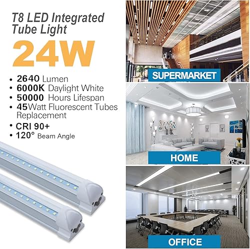 Miniatura 2 de Paquete de 6 lámparas LED T8 integradas de 4 pies de 24 W, blanco brillante, 6000 K, 4 pies, para tienda, bombilla conectable, cubierta transparente