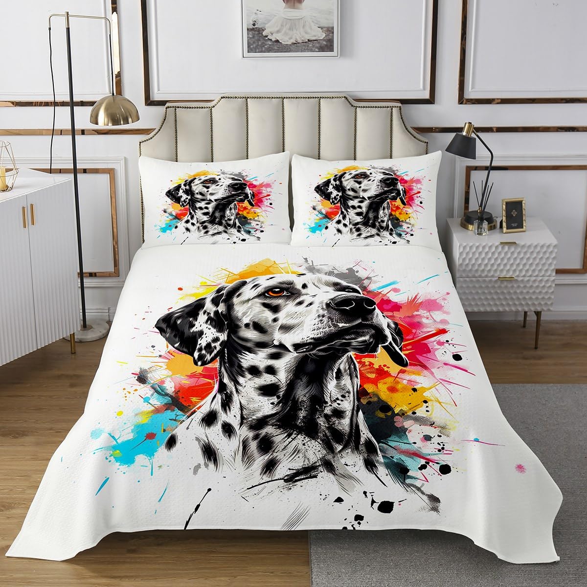 Erosebridal Dalmatian Dog Coverlet Set 3D Animal Bedspread Set Black White Spotted Animal Quilt Set Colorful Tie Dye Bed Set Queen Size for Kids Boys Girls Bedroom Decor