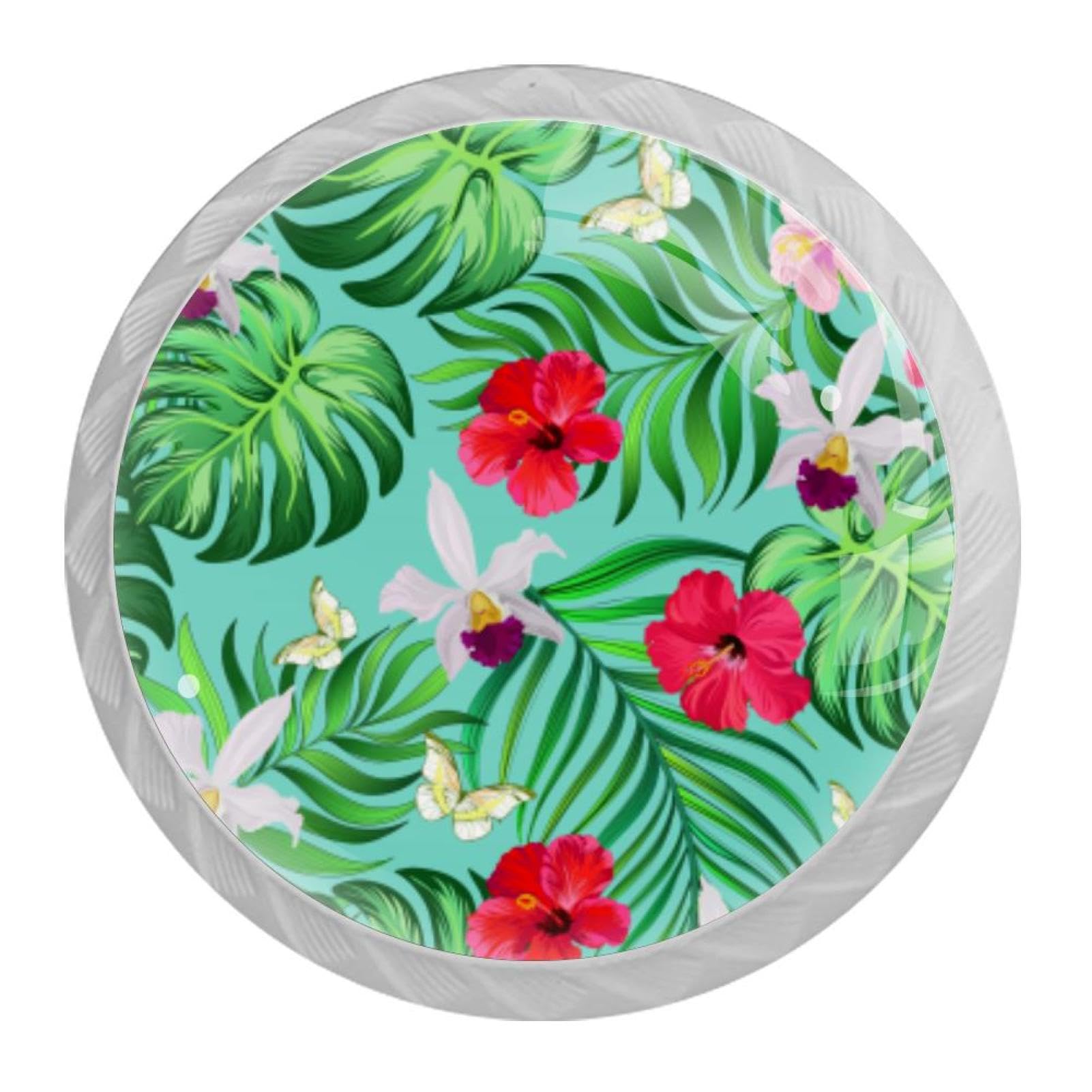 Tqmspg 4 Pieces Drawer Pulls Hibiscus Flowers Palm Leaves Door Knobs Dresser Handles for Kitchen Wardrobe Cupboard Hardware Furniture