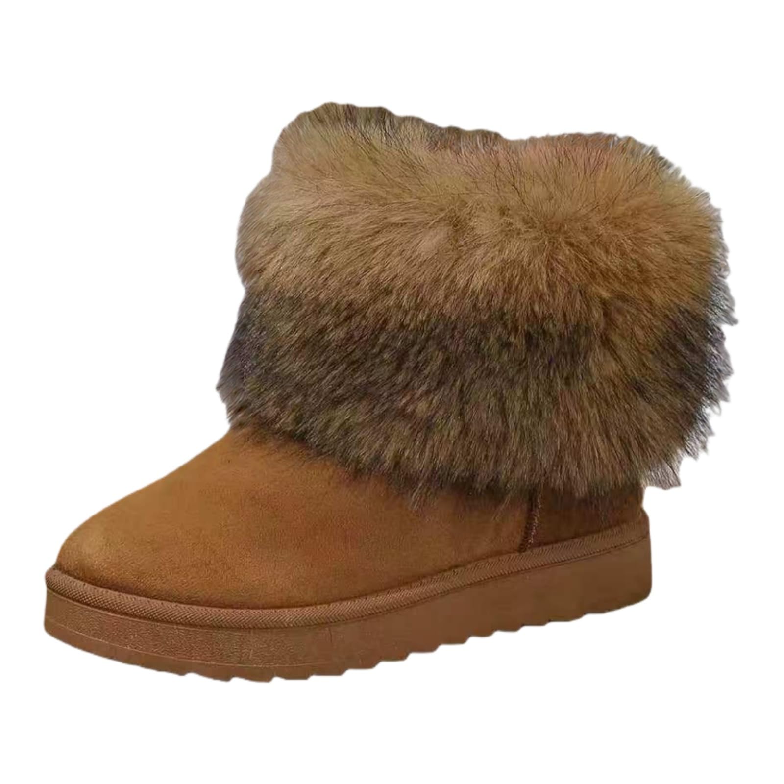 Womens Winter Snow Boots Faux Suede Round Toe Platform Slip On Boots Fluffy Curly Fur Plush Lined Ankle