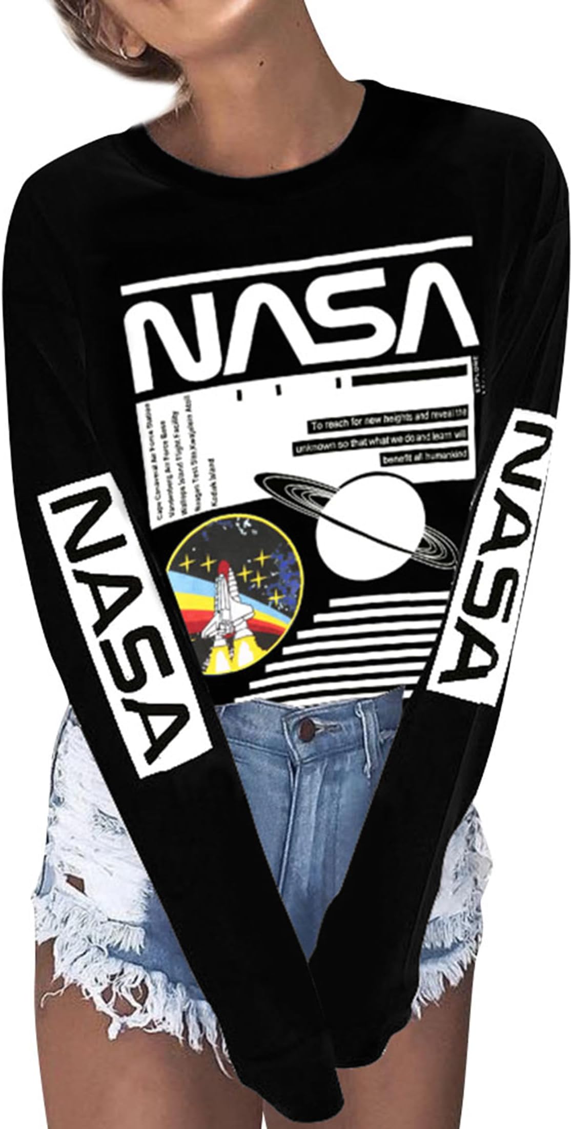 Women Long Sleeve Graphic Shirts NASA Space Letter Print Crew Neck Tee Tops Tshirt