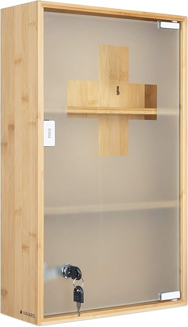 Navaris Medicine Cabinet - Lockable Bamboo Cabinet with First Aid Cross, Tempered Glass and Magnet Closing - Wall Mounted Bathroom Cabinet