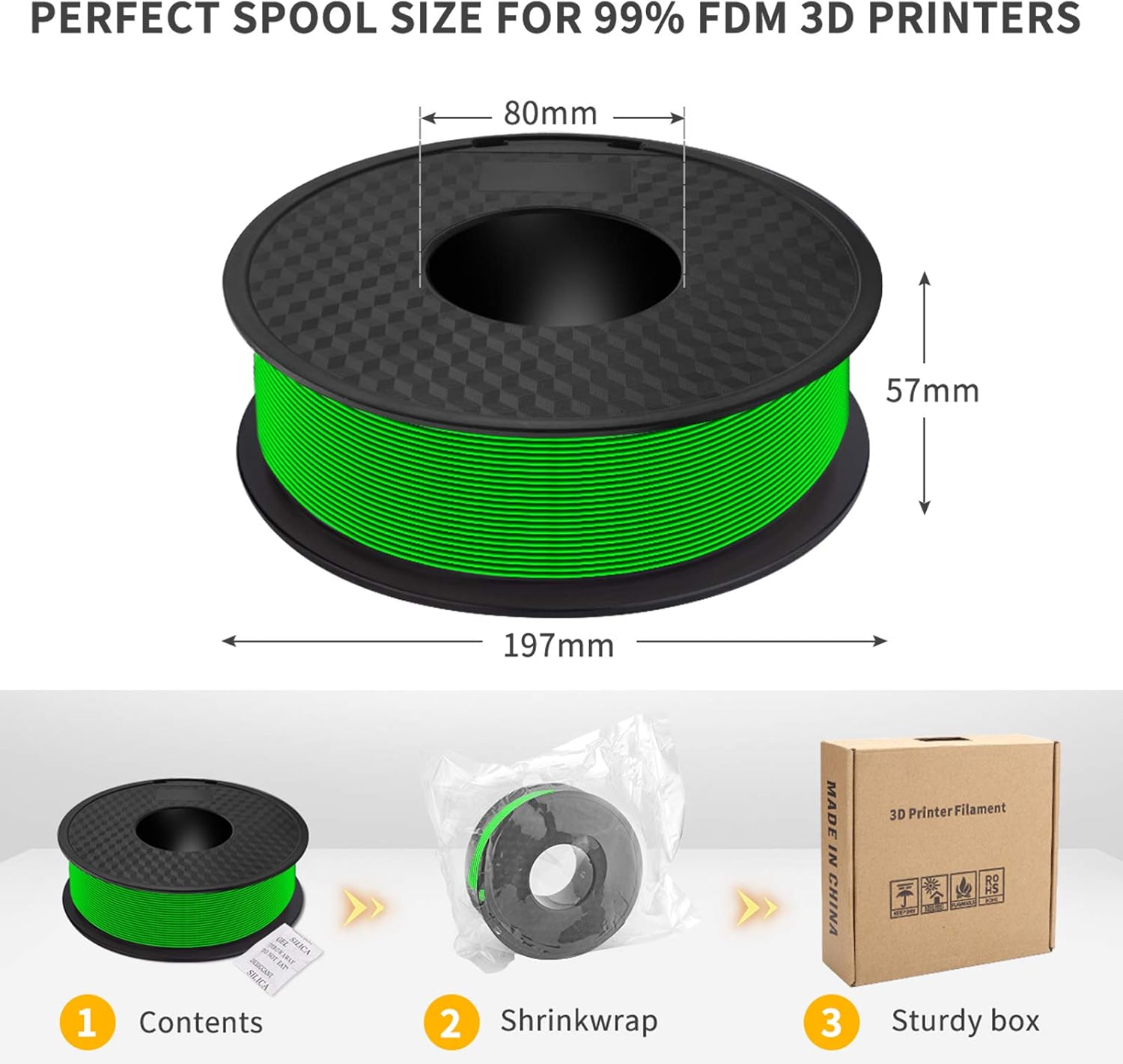 YSF PLA 3D Printer Filament, PLA Filament 1.75mm, Dimensional Accuracy +/- 0.02 mm, 1 kg Spool, 3D Printing Filament, Fit Most FDM Printer, PLA Filament (Green)
