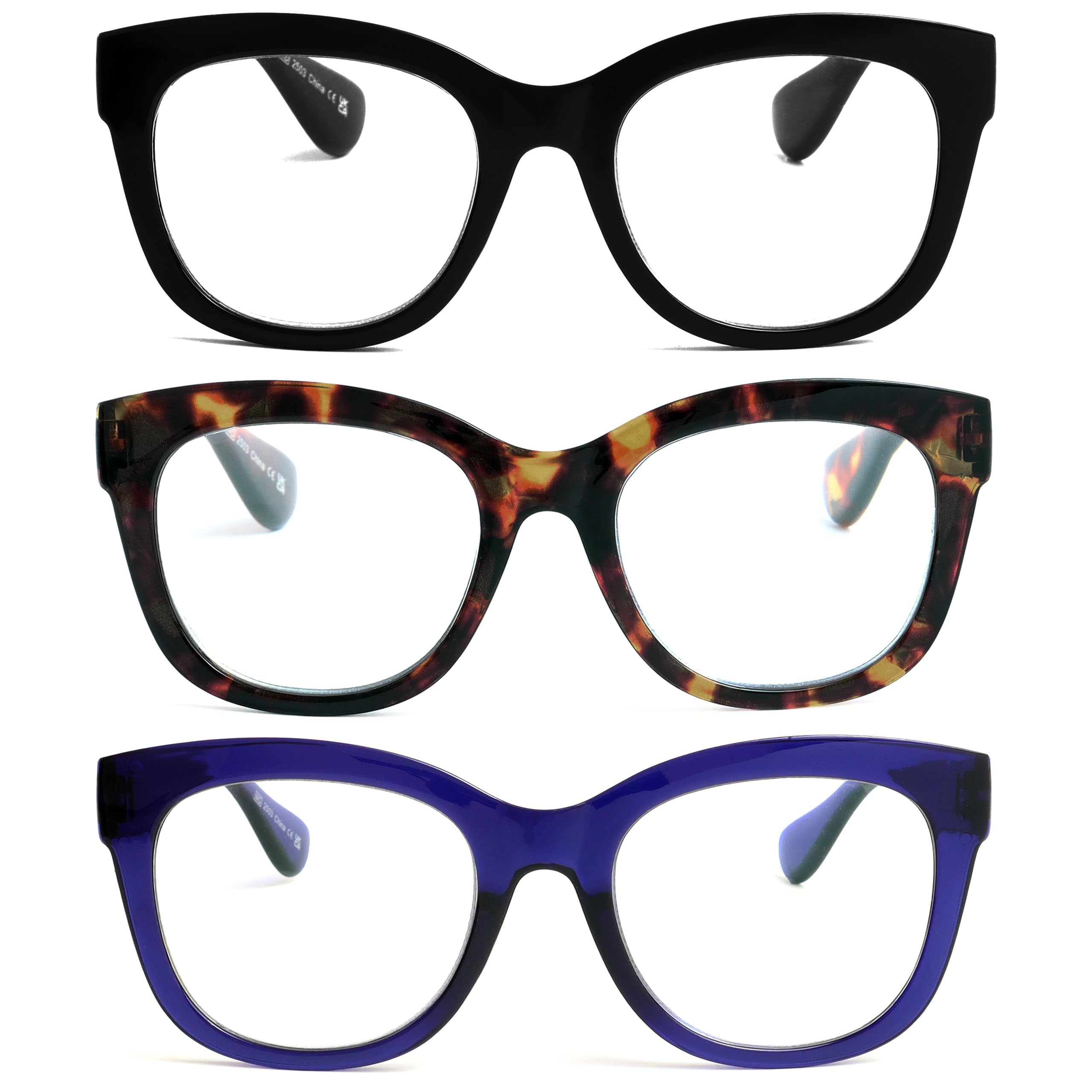 OPULIZE BIG Blue Light Blocking Reading Glasses - Bold Round Fashion Frame - Anti-Glare Anti-Reflective - 3 Pack - UV & Eyestrain Protection - Black Brown Indigo Blue - Mens Womens +2.50