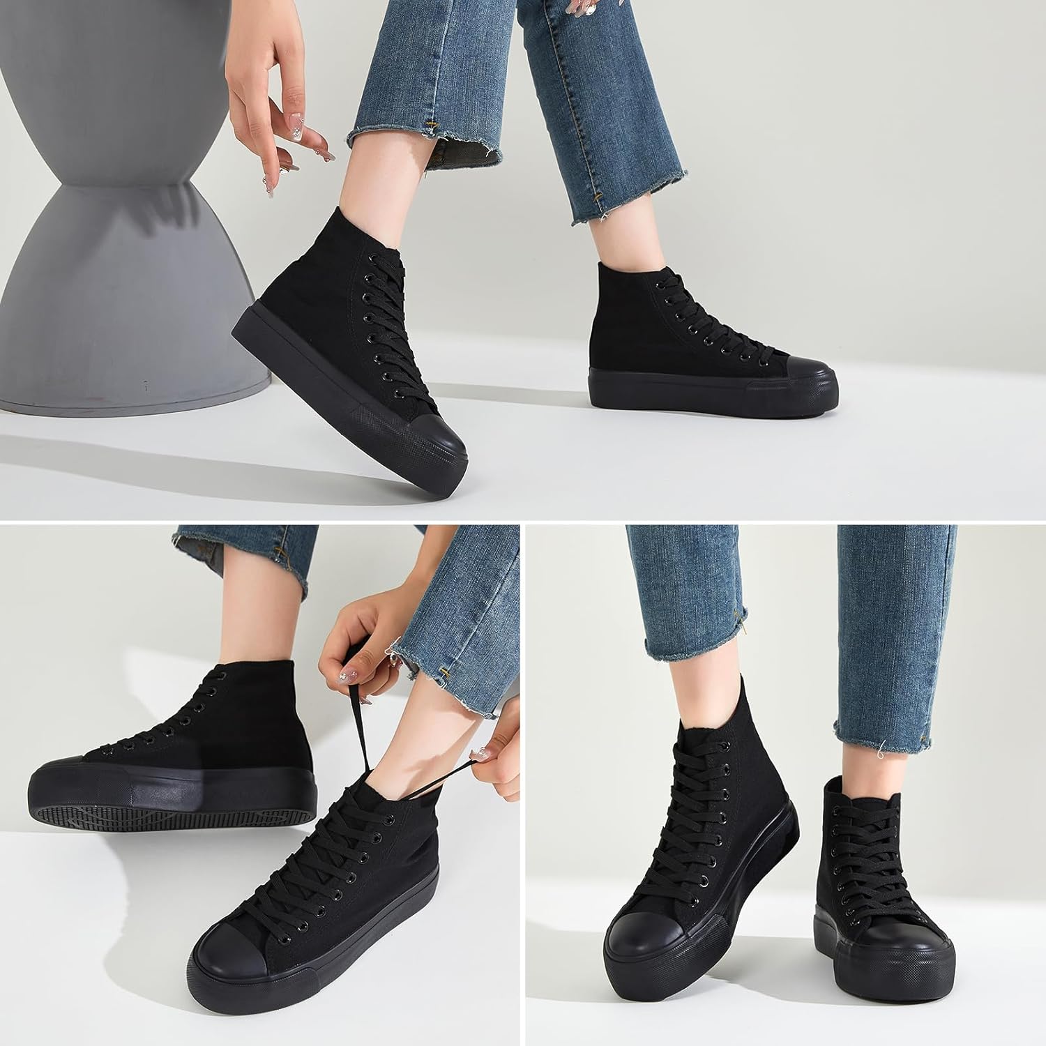 FRACORA Womens High Top Canvas Shoes White Black Platform Sneakers Lace Up Shoes for Women - Image 2