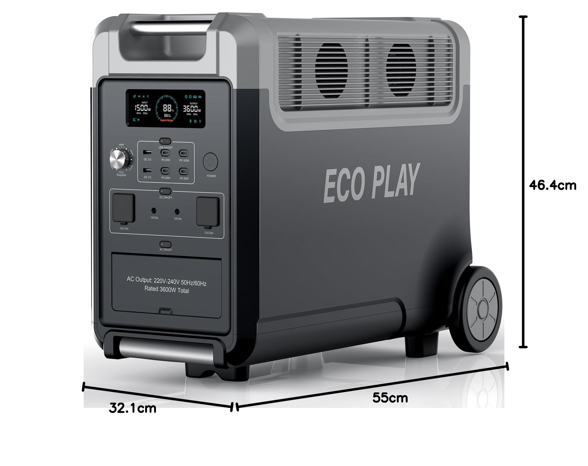 Stazione di alimentazione 3600W, generatore solare ECO PLAY con batteria LiFePO4 da 3840Wh, ricarica rapida in 2 ore, uscita 3x230V AC, accumulo con UPS per alimentazione di mergenza/campeggio/camper