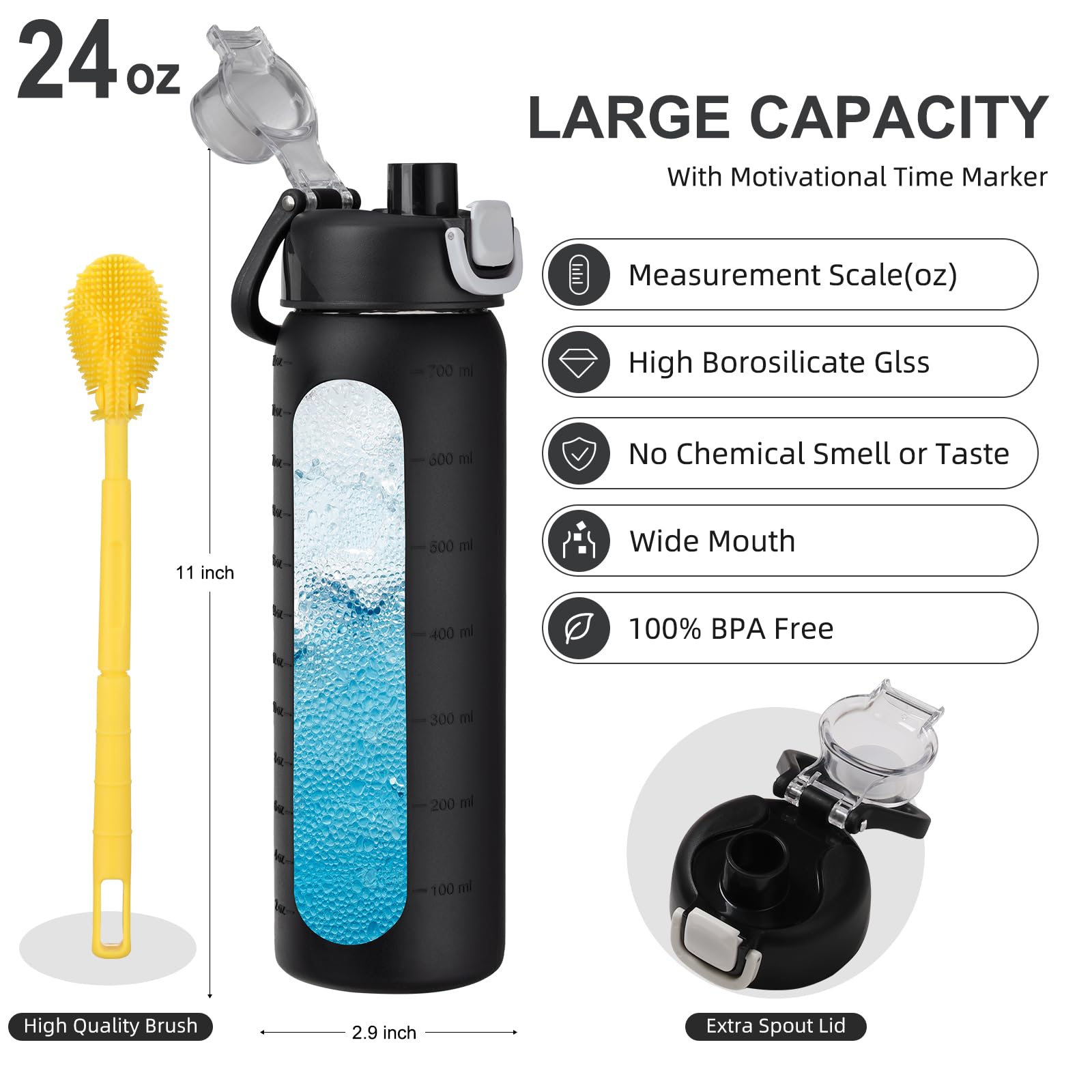 chunmo Bouteille d'eau en verre de 710 ml avec 2 couvercles, couvercle à bec verseur et couvercle à paille, bouteille d'eau motivante avec marqueur de temps et manchon en silicone, étanche, noir