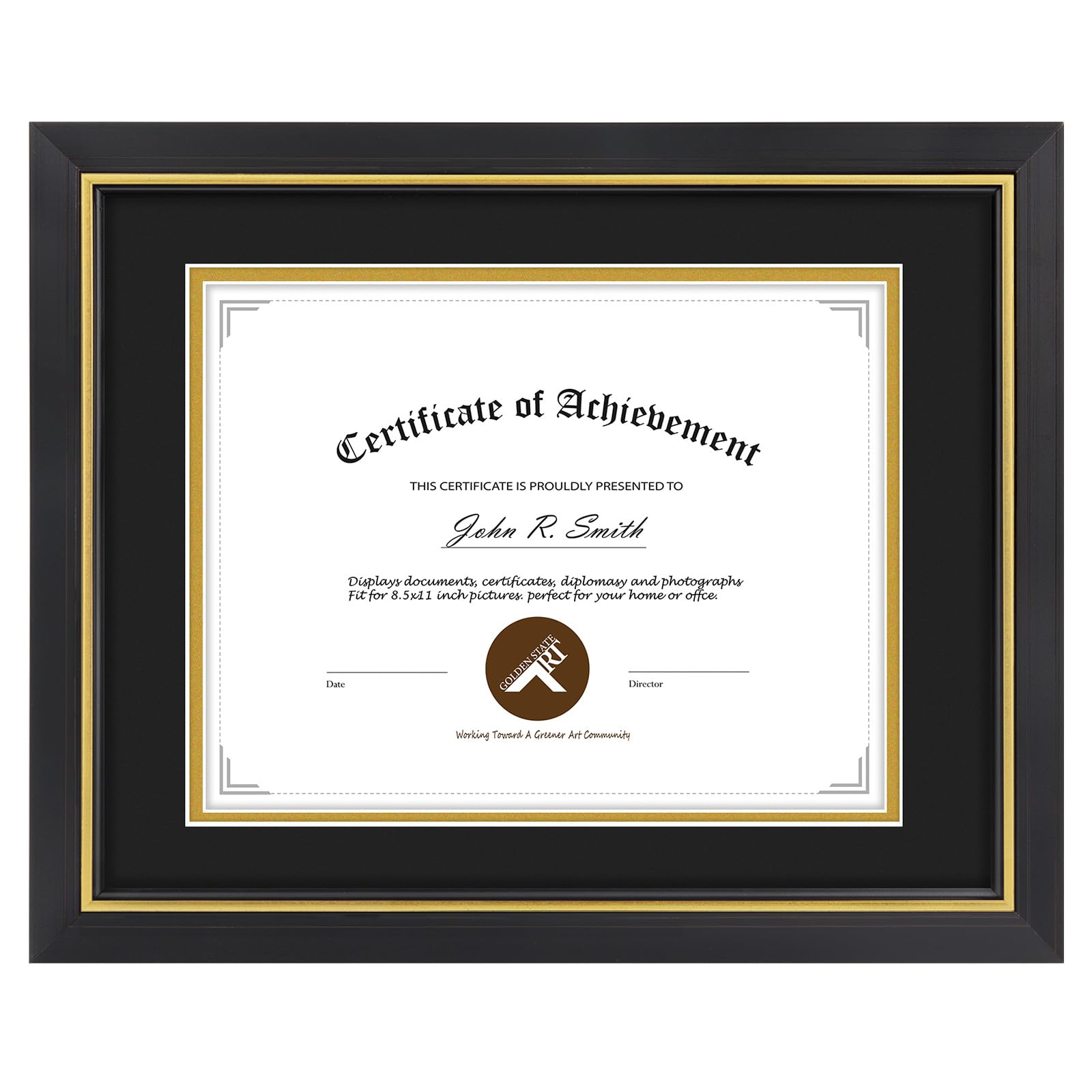 11x14 Diploma Frame Black Gold Trim Fit 8.5x11 with Black W Gold Double Mat
