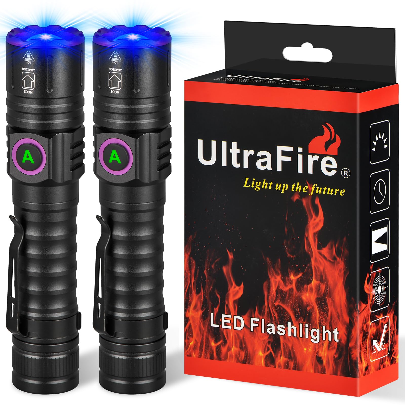 ULTRAFIRE Rechargeable UV Torch 365nm Zoomable Blacklight, Small UV Light Ultraviolet LED Flashlight for Resin Curing, Pet Urine Stain, Leak Detection, Fluorescent Penetrant Testing (2 Pack)