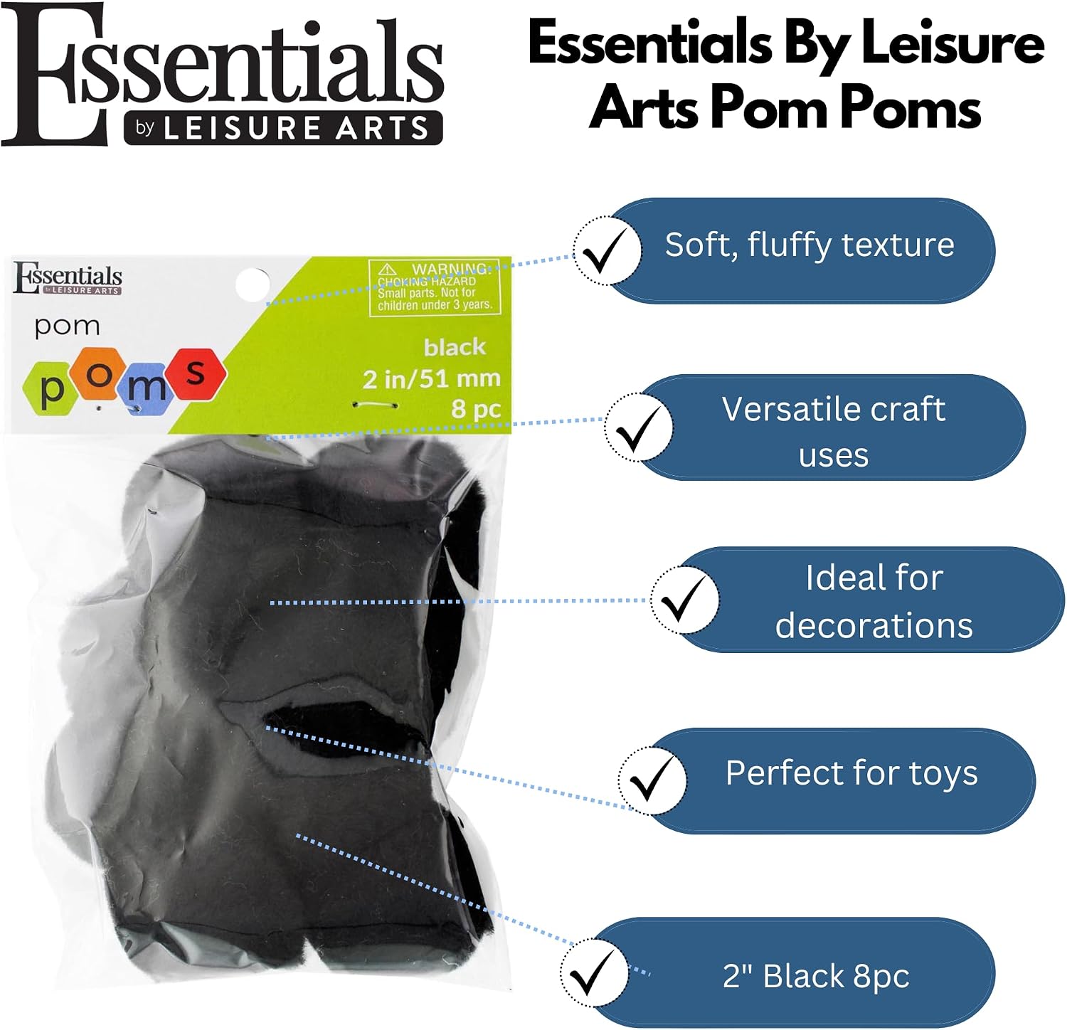 Essentials By Leisure Arts Pom Poms, Black -2", 8 Pieces Per Pack