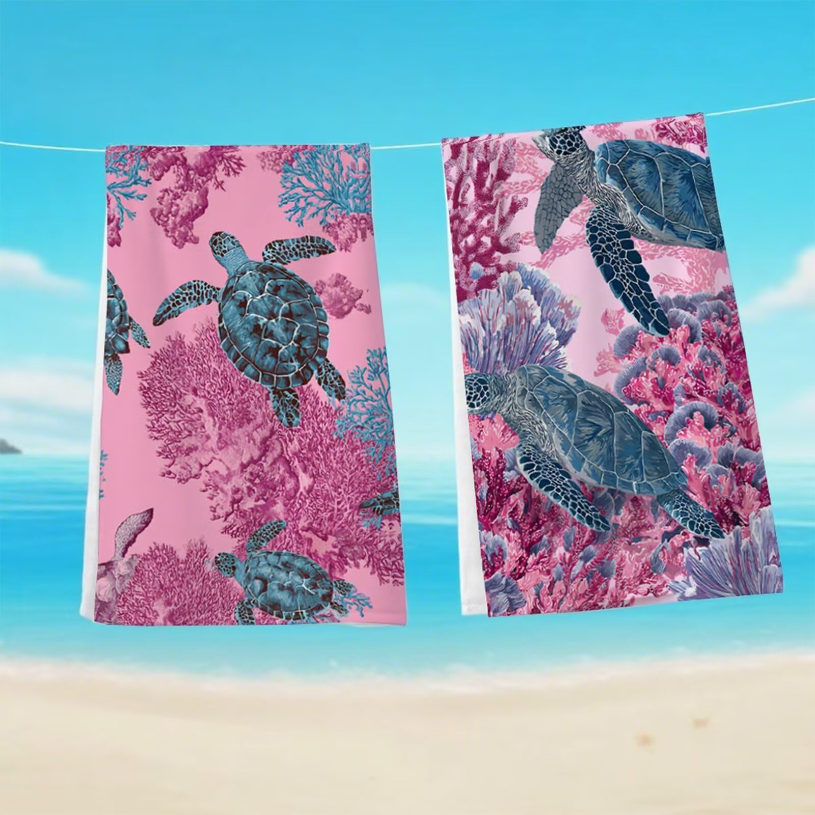 Telo Mare Microfibra 90x180 cm Telo Mare Grande, Asciugamano Palestra Assorbente Asciugatura Rapida, Asciugamano Mare Antisabbi Stuoia Spiaggia per Piscina, Viaggio 2 Set- Tartaruga Rosa G1-976