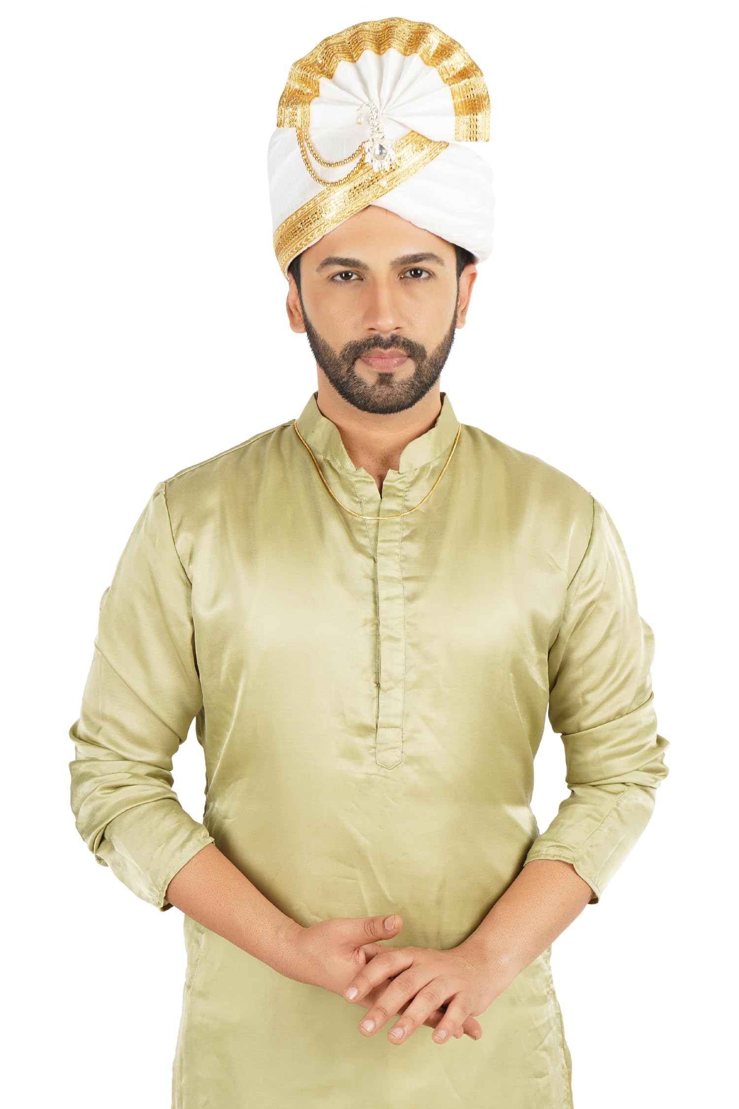 priyakant safawala Men's Traditional Wedding Collection Dupion Handcrafted Safa (Pheta/Pagdi/Turban) For Wedding And Engagement (White, Free Size, Adjustable Velcro)-picture-26