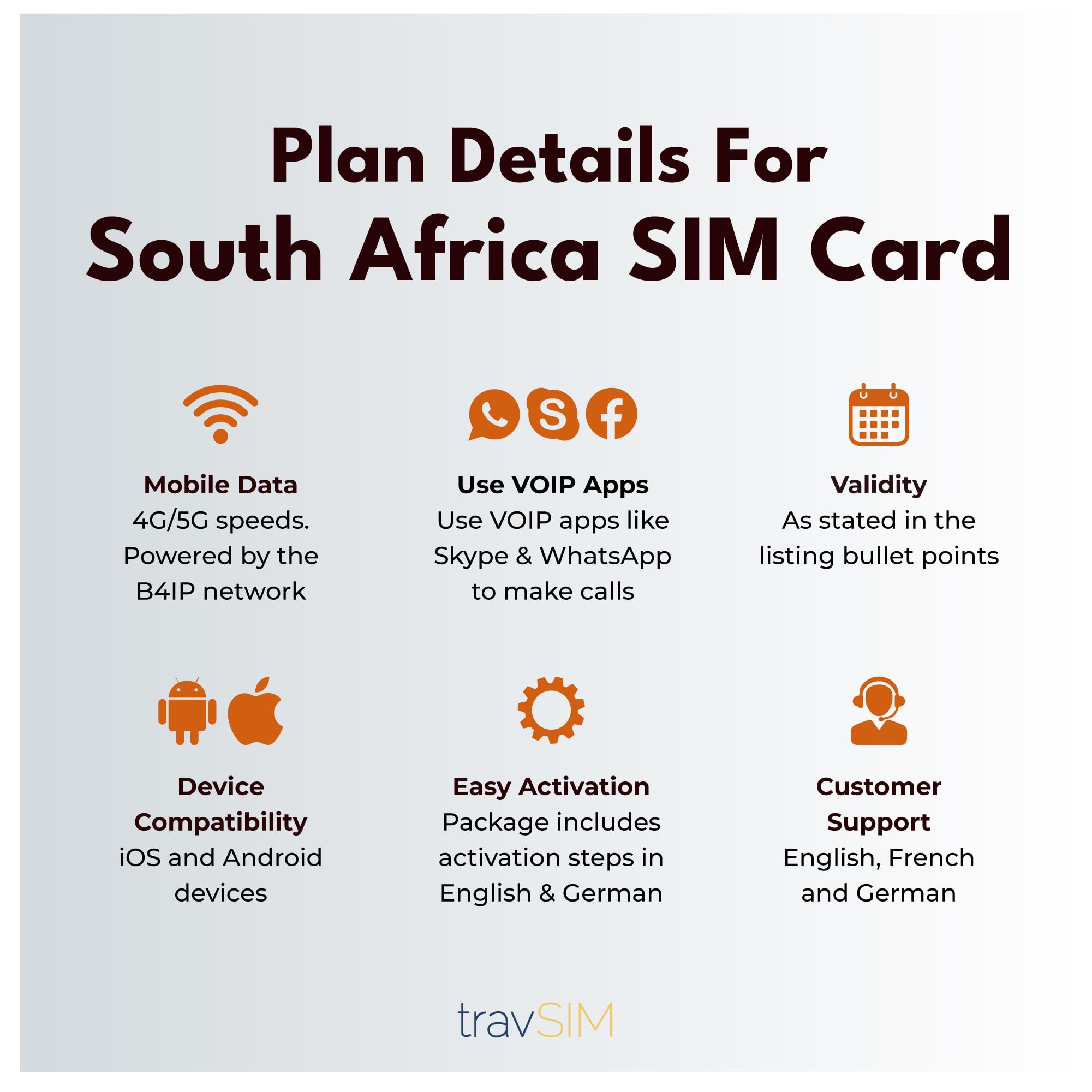 travSIM Scheda SIM Sudafrica | Utilizza la rete MTN| 100GB di dati mobili alla velocità del 4G| La SIM Card South Africa può utilizzare come hotspot fino a 3 dispositivi| Valida per 30 giorni