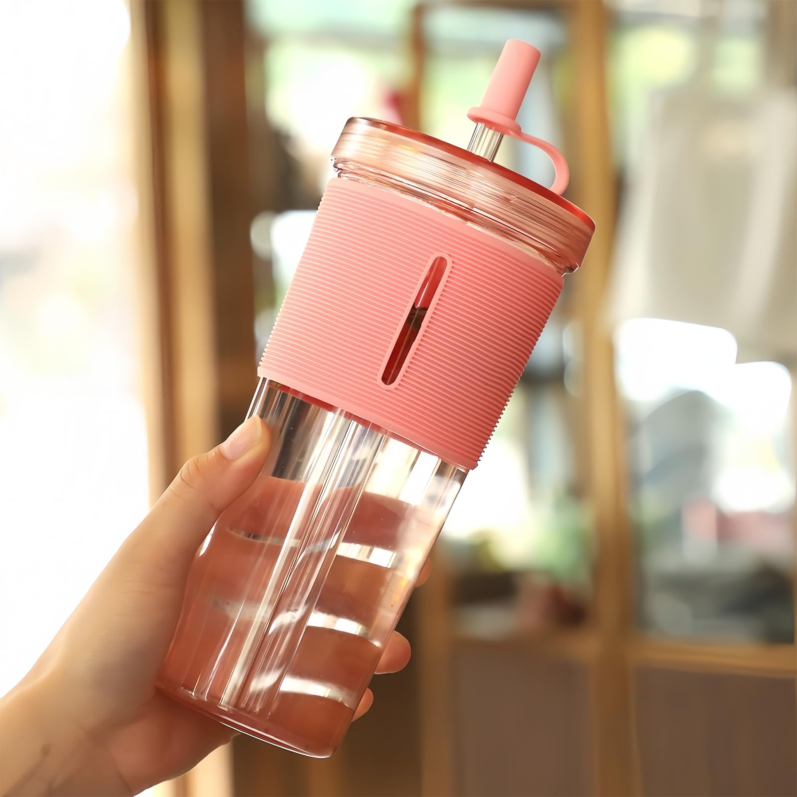 Bicchiere da 710 ml con coperchio e cannuccia, 2 bicchieri da tè con cannuccia, bicchieri di plastica con coperchio, bicchieri con paglia, per smoothie, per caffè freddo, tazza (rosa, cachi)