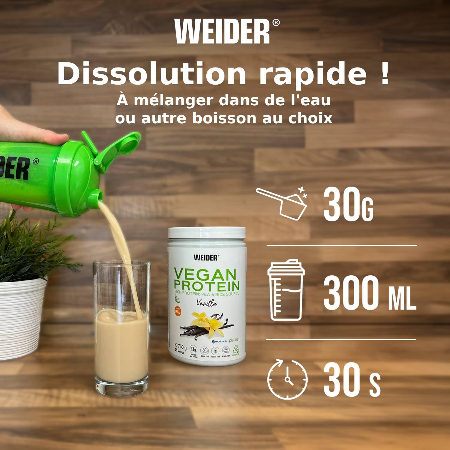 Weider Vegan Protein (750g) Goût Vanille. Protéines 100% Vegetal 23g/dose, Pois (Isolat Pisane) & Riz. Avec Vitamine B12 & Stevia. Sans Gluten, Sans Sucre. Emballage 50% Recyclé, 100% Recyclable