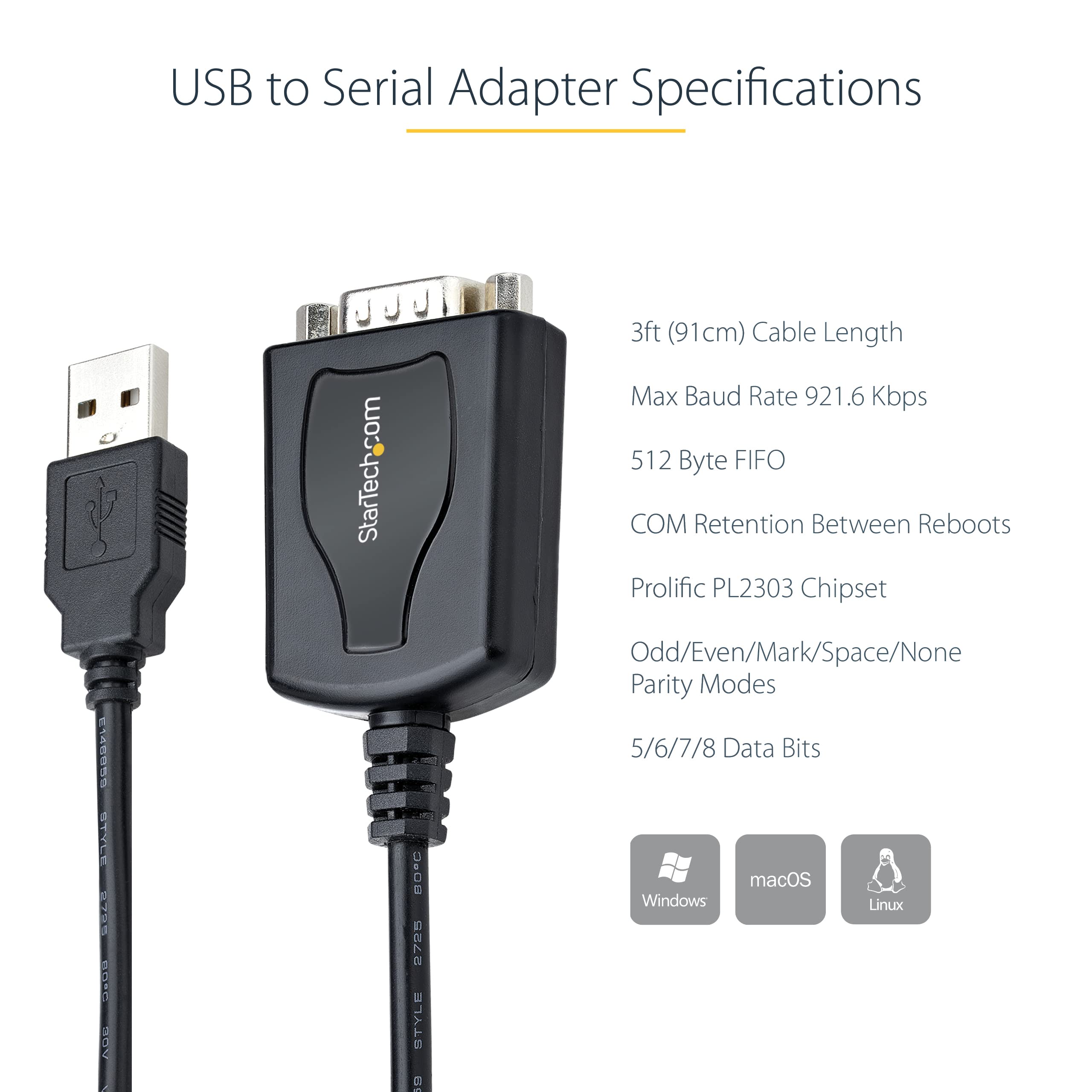 StarTech Câble USB vers RS232 1m, DB9 Mâle, Prolific (1P3FPC-USB-SERIAL) | Retention COM, Convertisseur, Windows/Mac, Pour PLC/Imprimante/Scanner