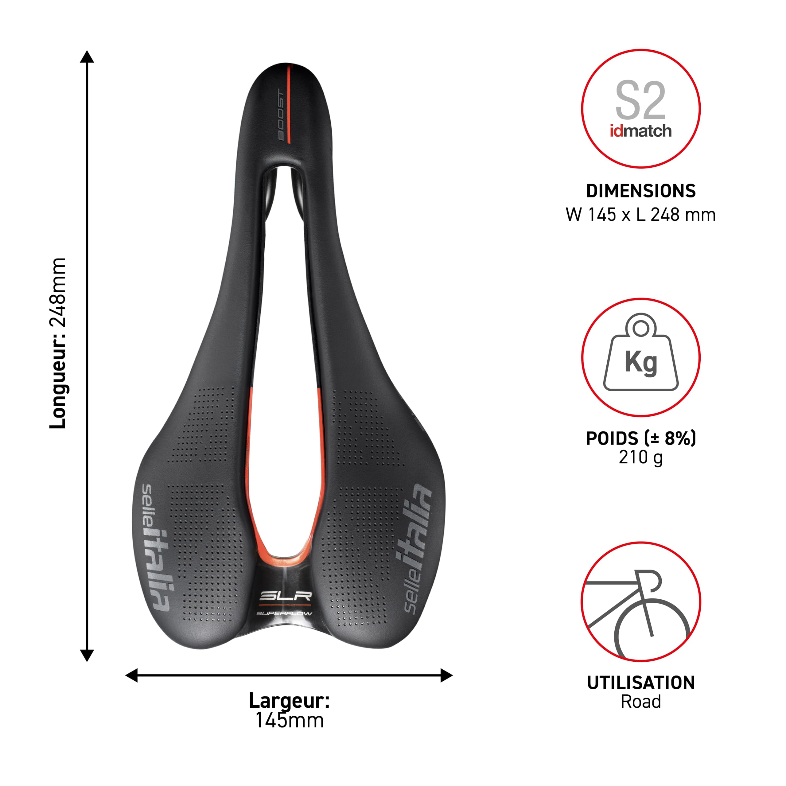 Selle Italia SLR Boost KC Manganese Superflow - Selle Vélo Route Classique, Gel Confort, Trou Superflow - Taille L3, Noir/Rouge