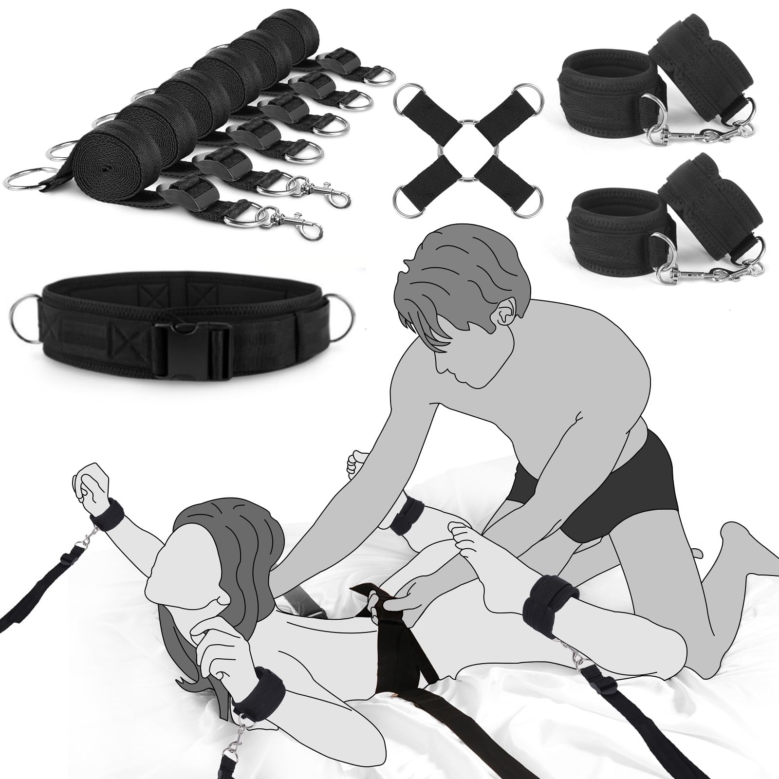 BDSM Bondage Bettfesseln Sexspielzeug für Paare Extrem Sex Bondageset SM Kit mit Verstellbaren Handschellen Fußfesseln Kreuzgurt Taillengurt Sexspiel Erotik Fesselset für Liebhaber Männer Frauen