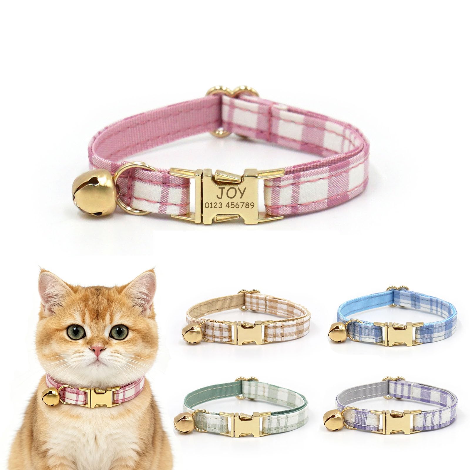 Personalised Plaid Cat Collar with Name and Phone Number, Adjustable Bow Cats Collars with Bell and Metal Buckle for Kitten Puppy and Small Pets (Pink)