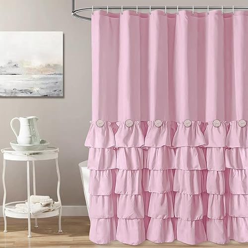 Seasonwood Pink Ruffle Shower Curtain - Girly Cute Button Farmhouse Style Fabric Blush Shower Curtain for Bathroom