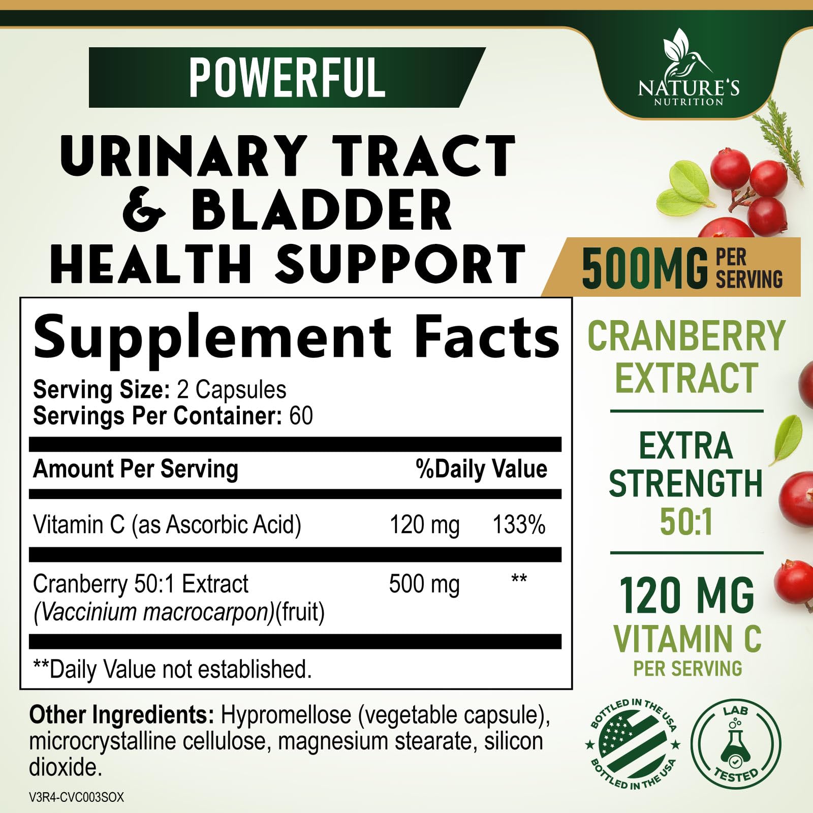 Cranberry Pills for Women & Men - 500mg Cranberry Extract Supplement & High Potency Vitamin C - 3x Strength Urinary Tract Health & Bladder Support - Vegan, Gluten Free - Bottled in USA - 120 Capsules — Amazon image 2