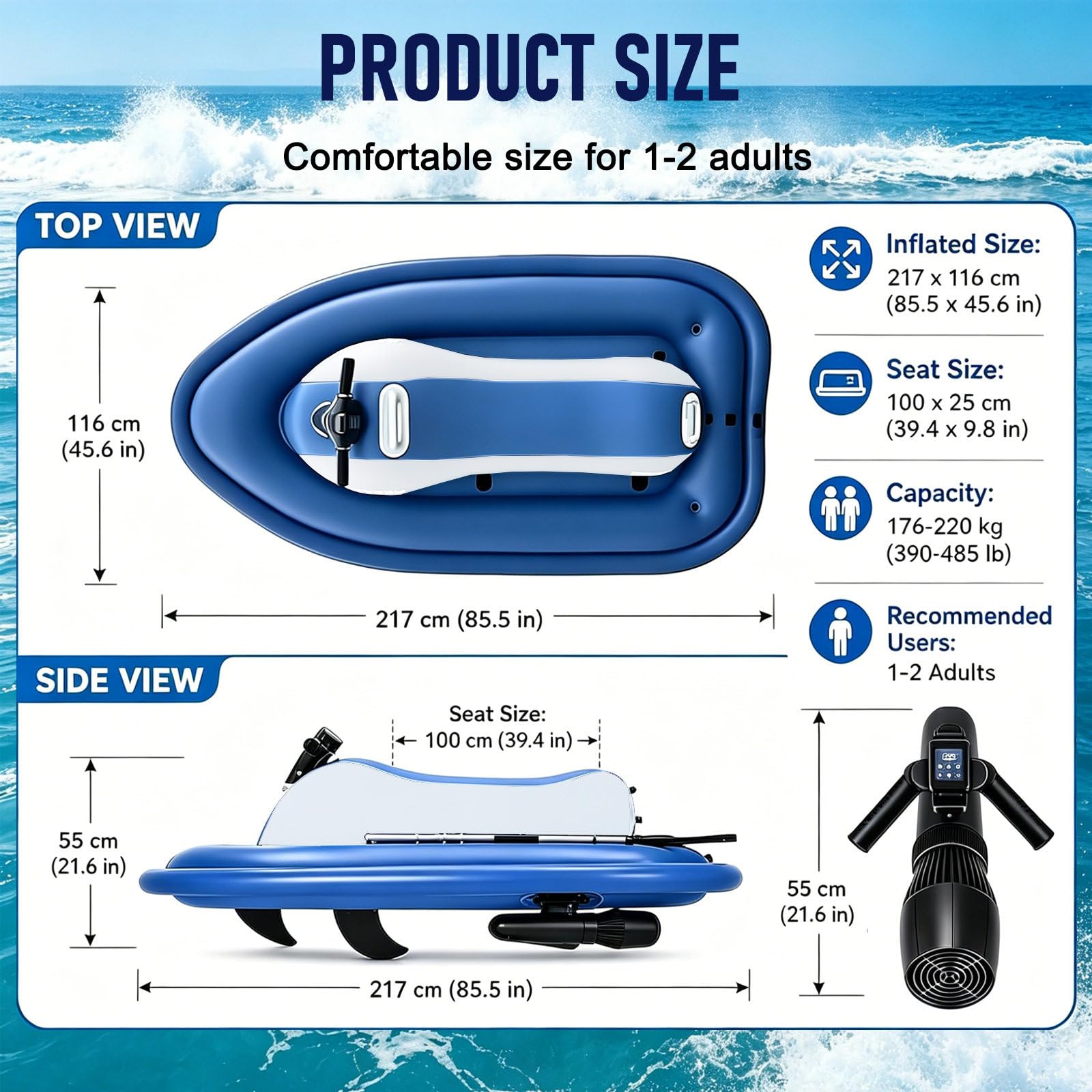 Bote Inflable Motorizado para 2 Personas – Capacidad de 220 Kg | Control de 9 Velocidades (máx. 7 Km/h) | Autonomía de 130 Minutos | para Piscinas, Lagos y Mar 10000mAh