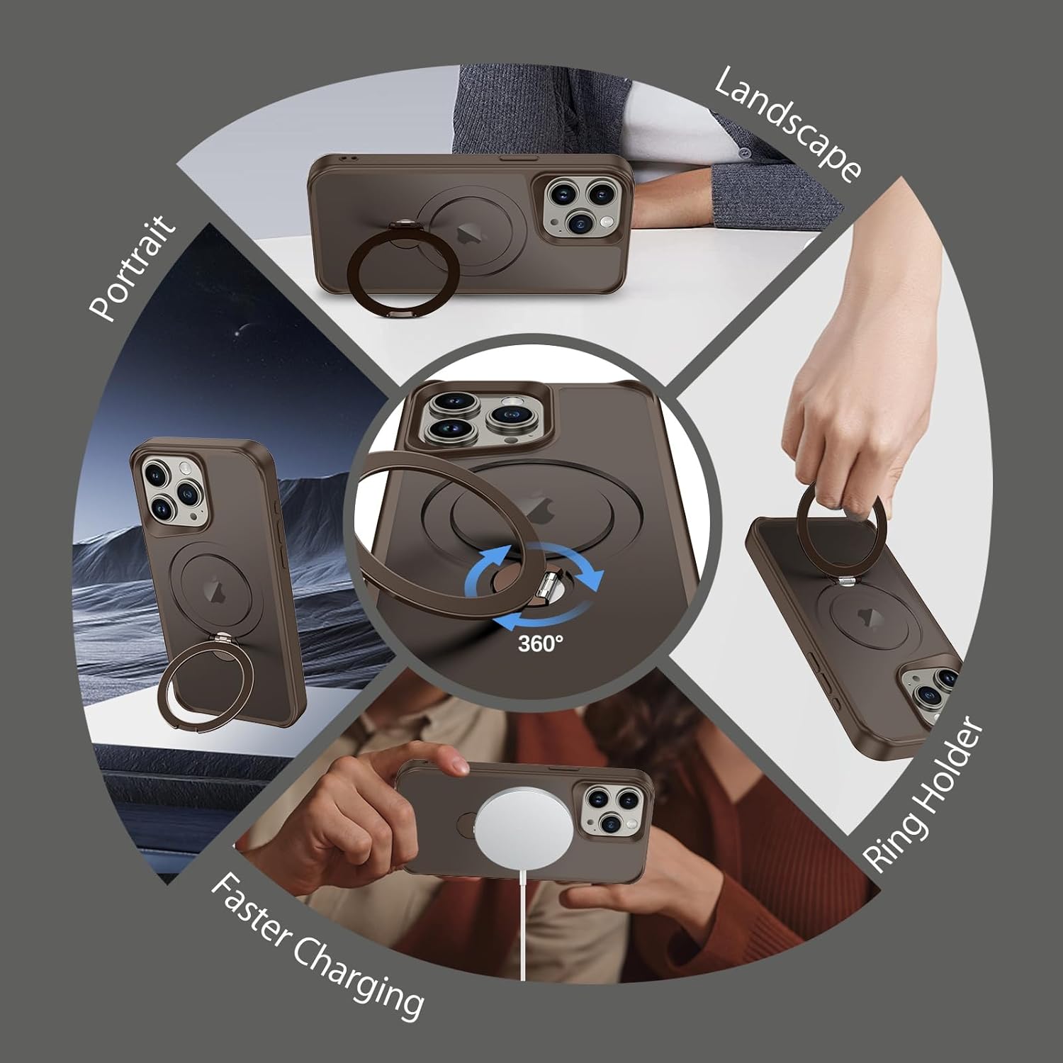 DOMAVER Magnetic Case for iPhone 15 Pro Max 6.7" with 360° Rotatable Stand [Compatible with Mag Safe], Translucent Matte Military Protection Shockpfoof Protective Cover for iPhone 15 Pro Max- Brown - Image 4