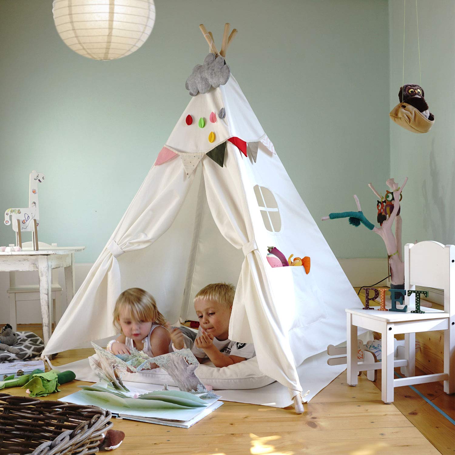 HEJ LØNNE Tenda Tipi Indiana Bambini Beige Naturale con Tappetino Finestra 120x120x150cm Cotone Legno Pino per Cameretta Giardino Interno Esterno con Borsa
